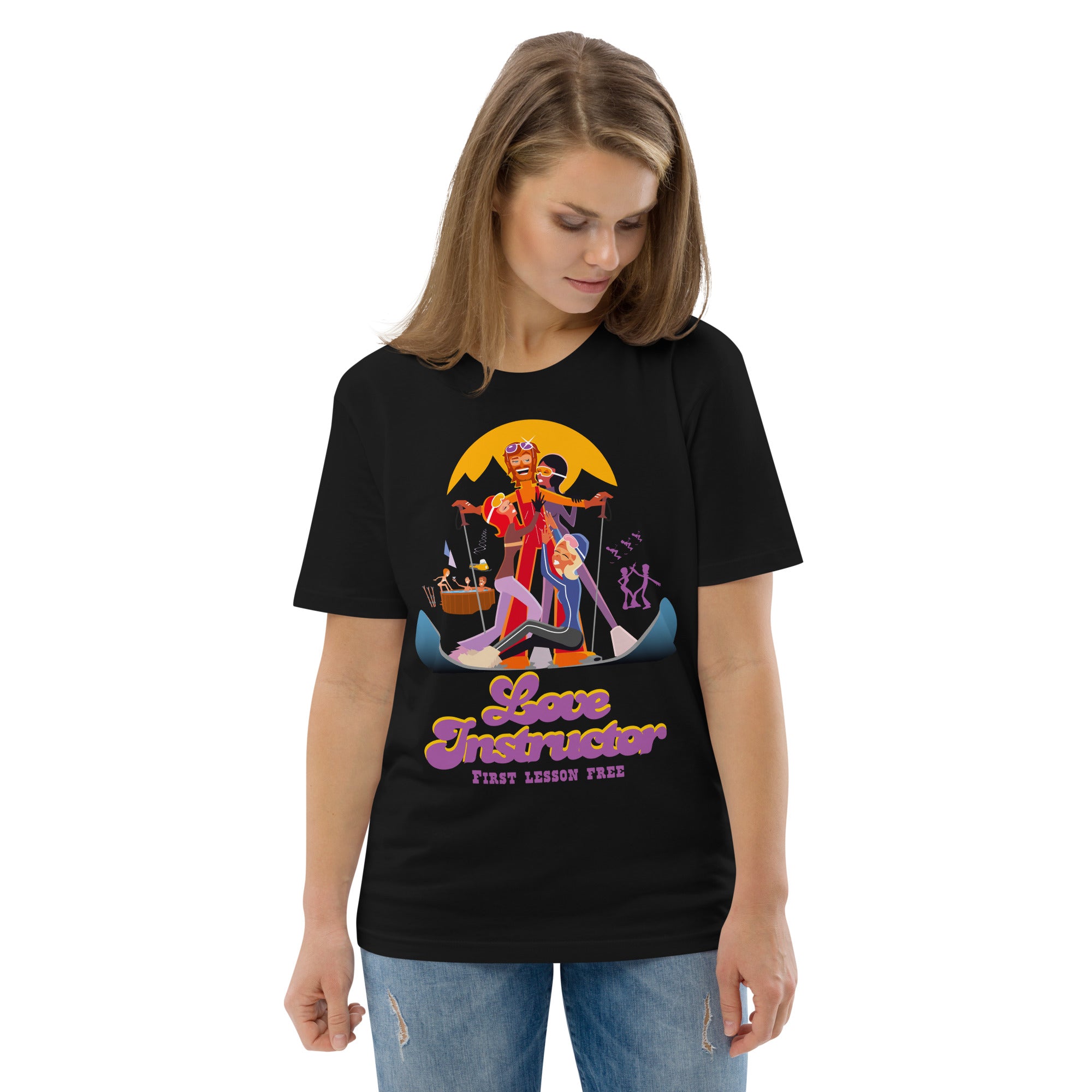T-shirt unisexe en coton biologique Love instructor First lesson free sur couleurs foncées