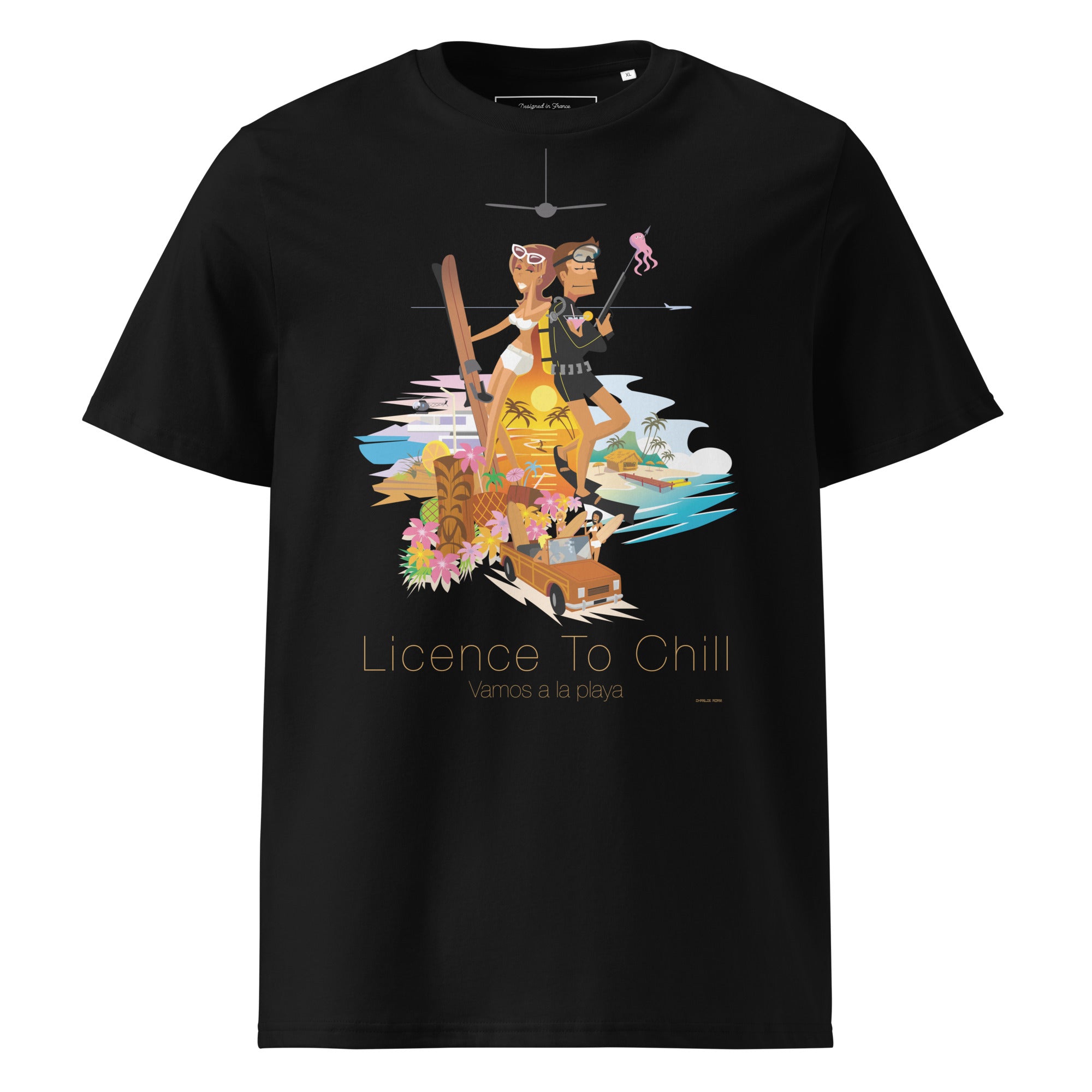 Unisex organic cotton t-shirt License To Chill Vamos a la Playa on dark colors