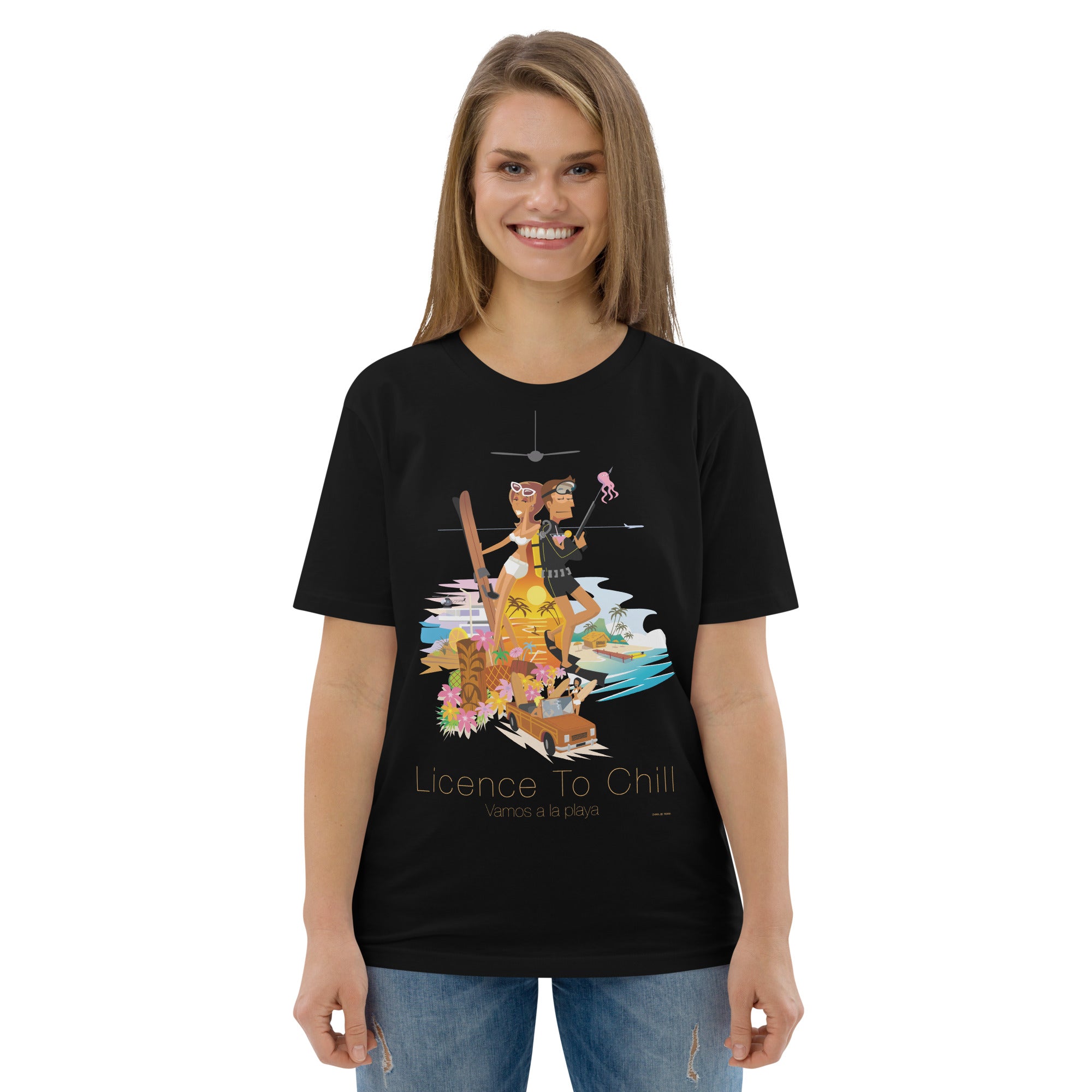 Unisex organic cotton t-shirt License To Chill Vamos a la Playa on dark colors