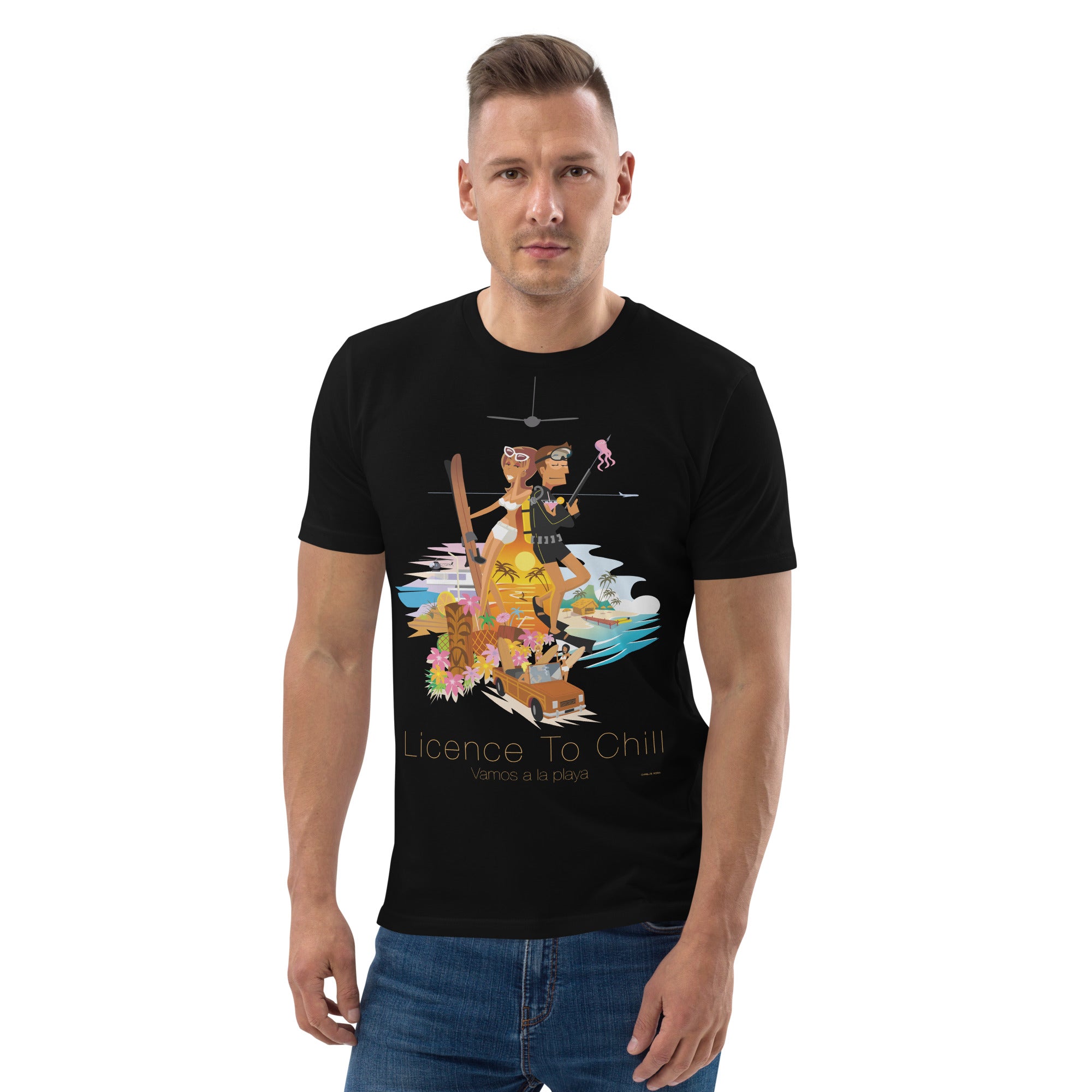 Unisex organic cotton t-shirt License To Chill Vamos a la Playa on dark colors