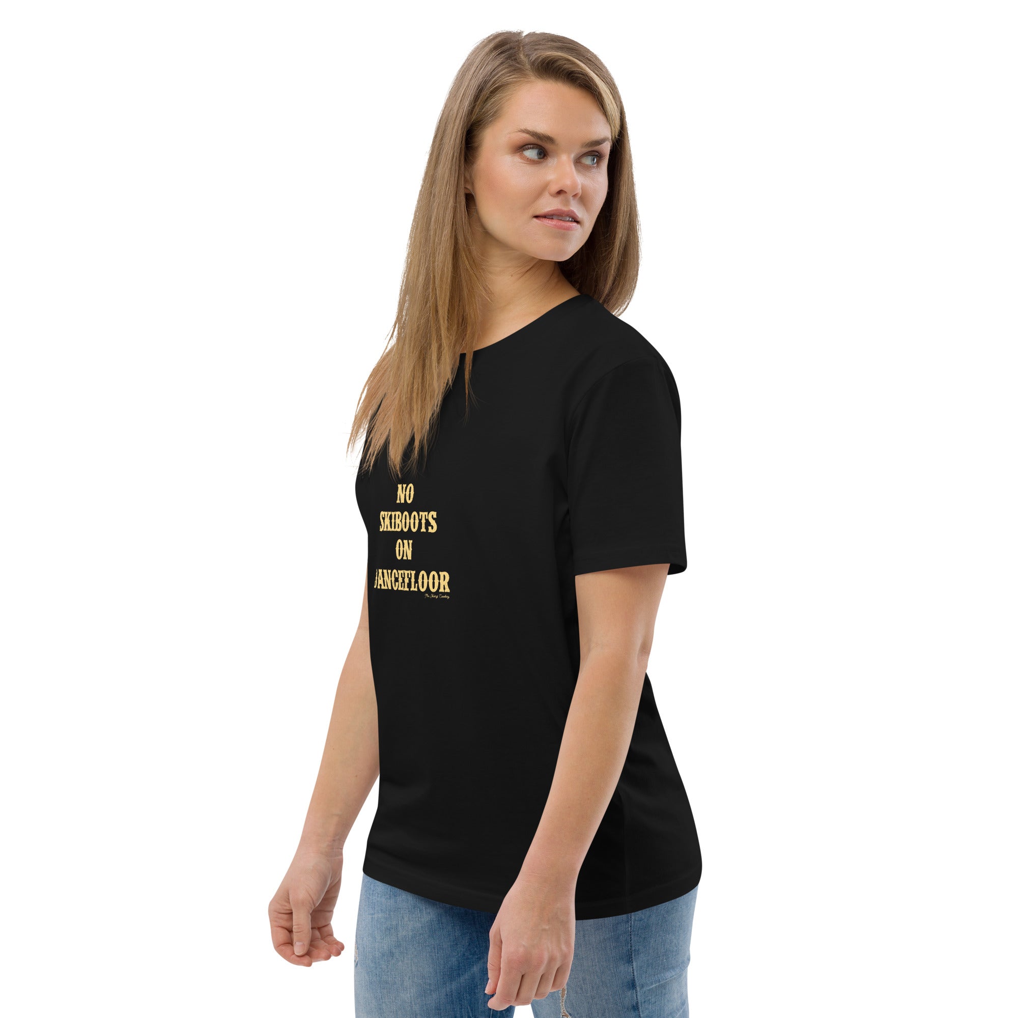T-shirt unisexe en coton biologique No Skiboots on Dancefloor texte clair