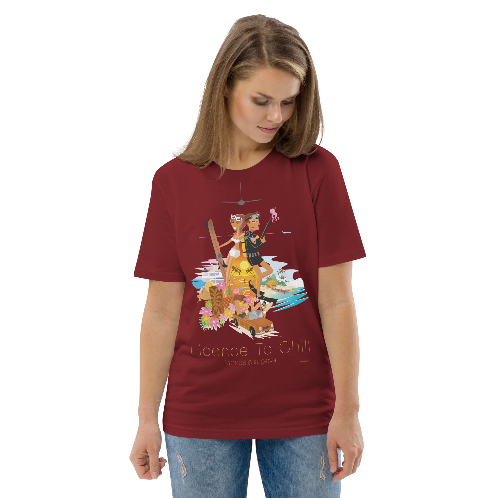 Unisex organic cotton t-shirt License To Chill Vamos a la Playa on dark colors