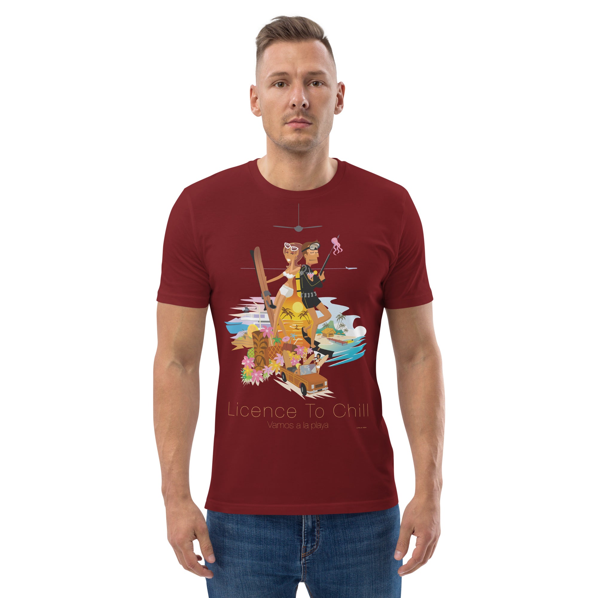 Unisex organic cotton t-shirt License To Chill Vamos a la Playa on dark colors