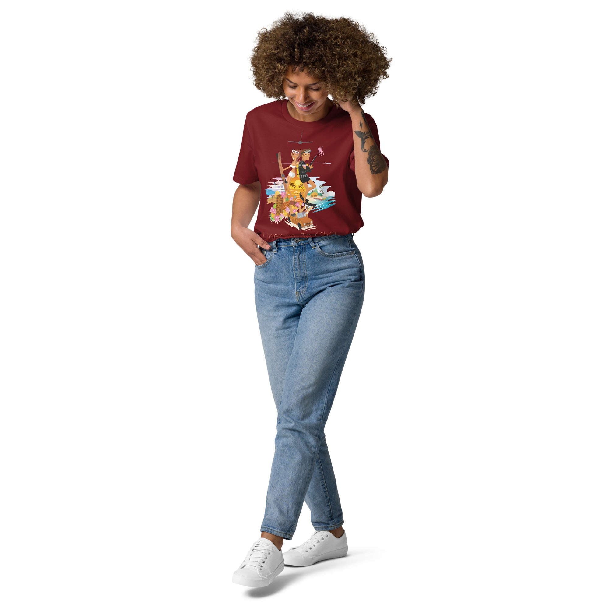 Unisex organic cotton t-shirt License To Chill Vamos a la Playa on dark colors