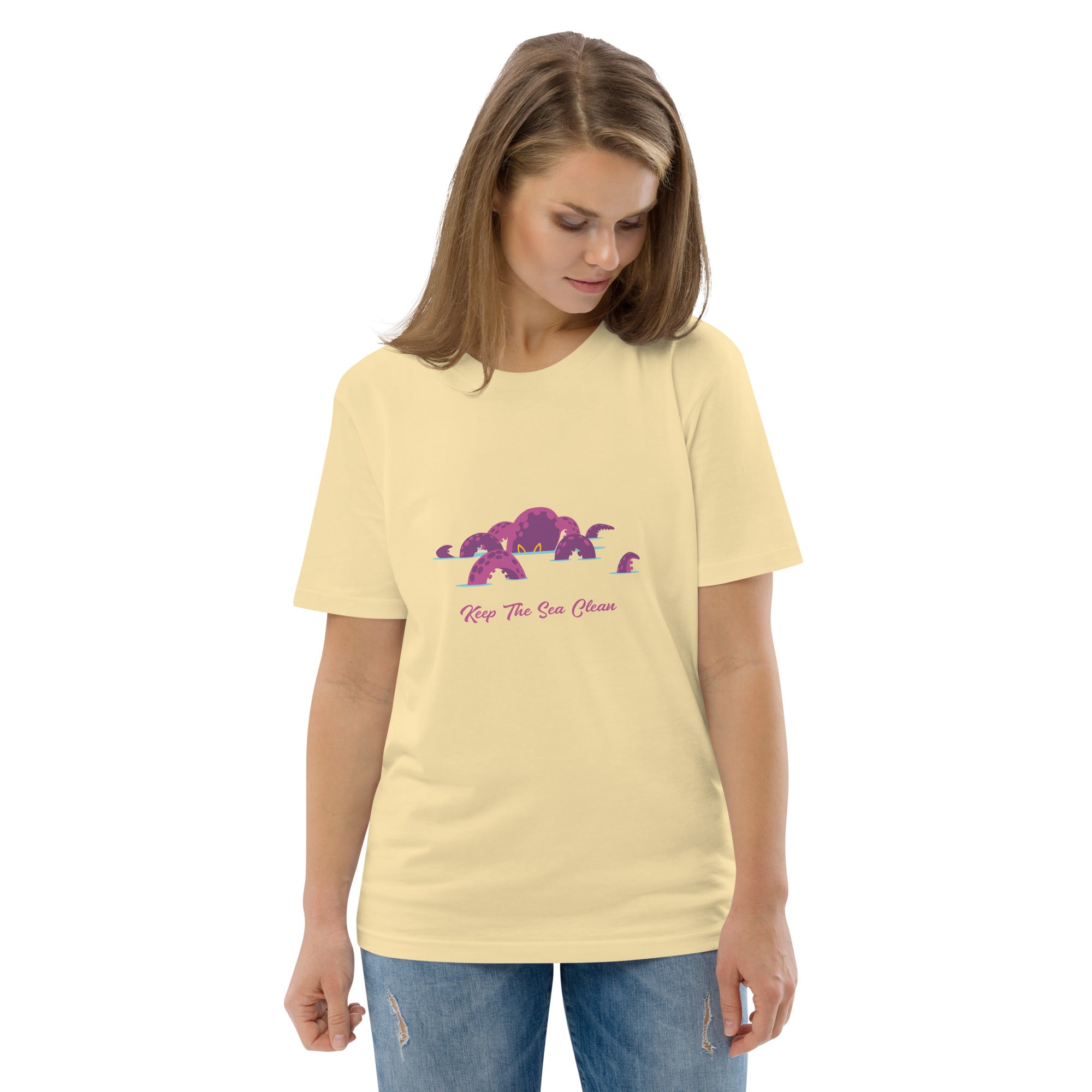 T-shirt unisexe en coton biologique Octopus Purple sur couleurs claires