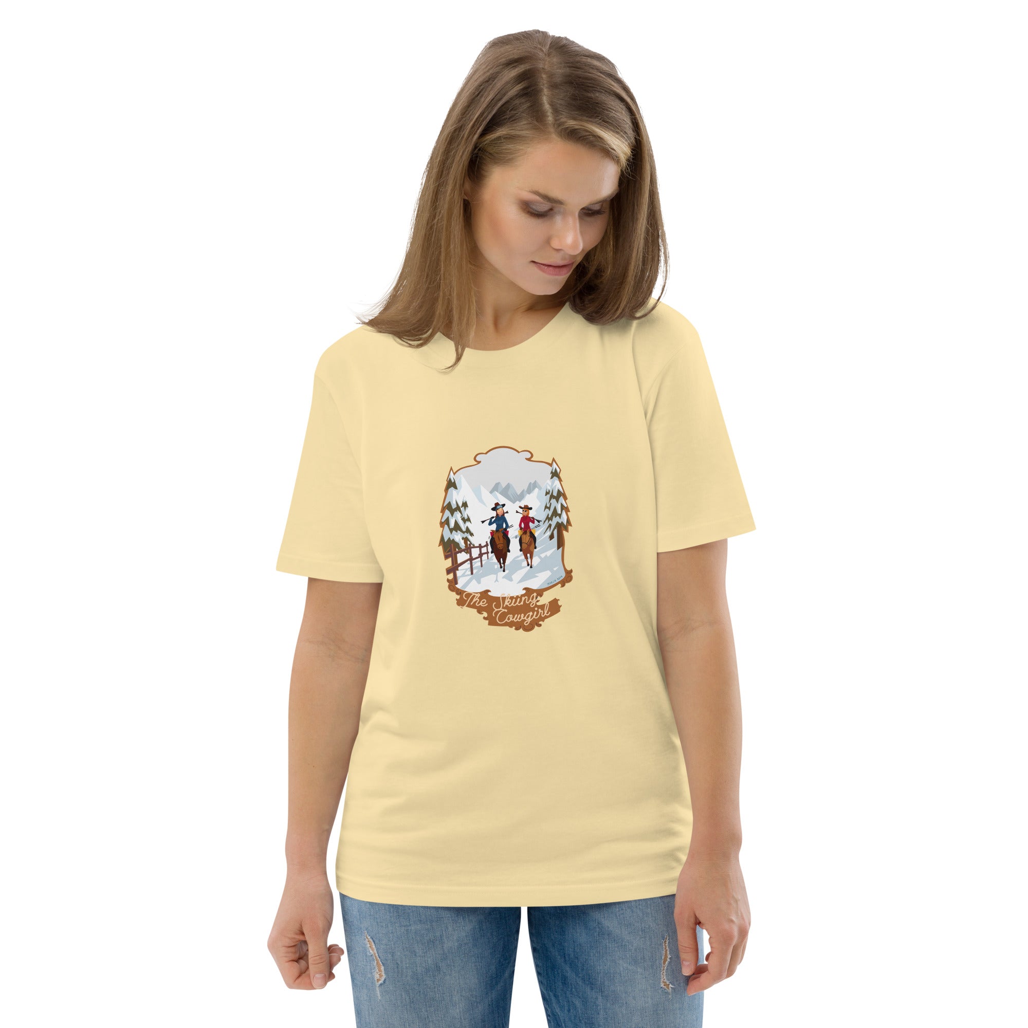 T-shirt unisexe en coton biologique The Skiing Cowgirl sur couleurs vives