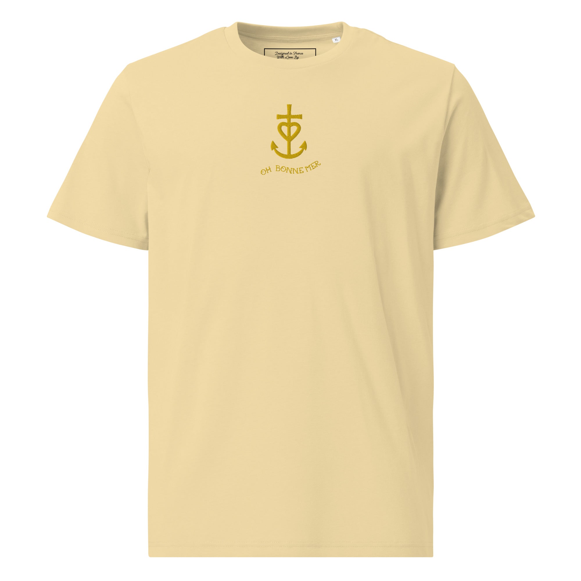 T-shirt unisexe en coton biologique Croix de Camargue dorée Oh Bonne mer brodé sur couleurs vives