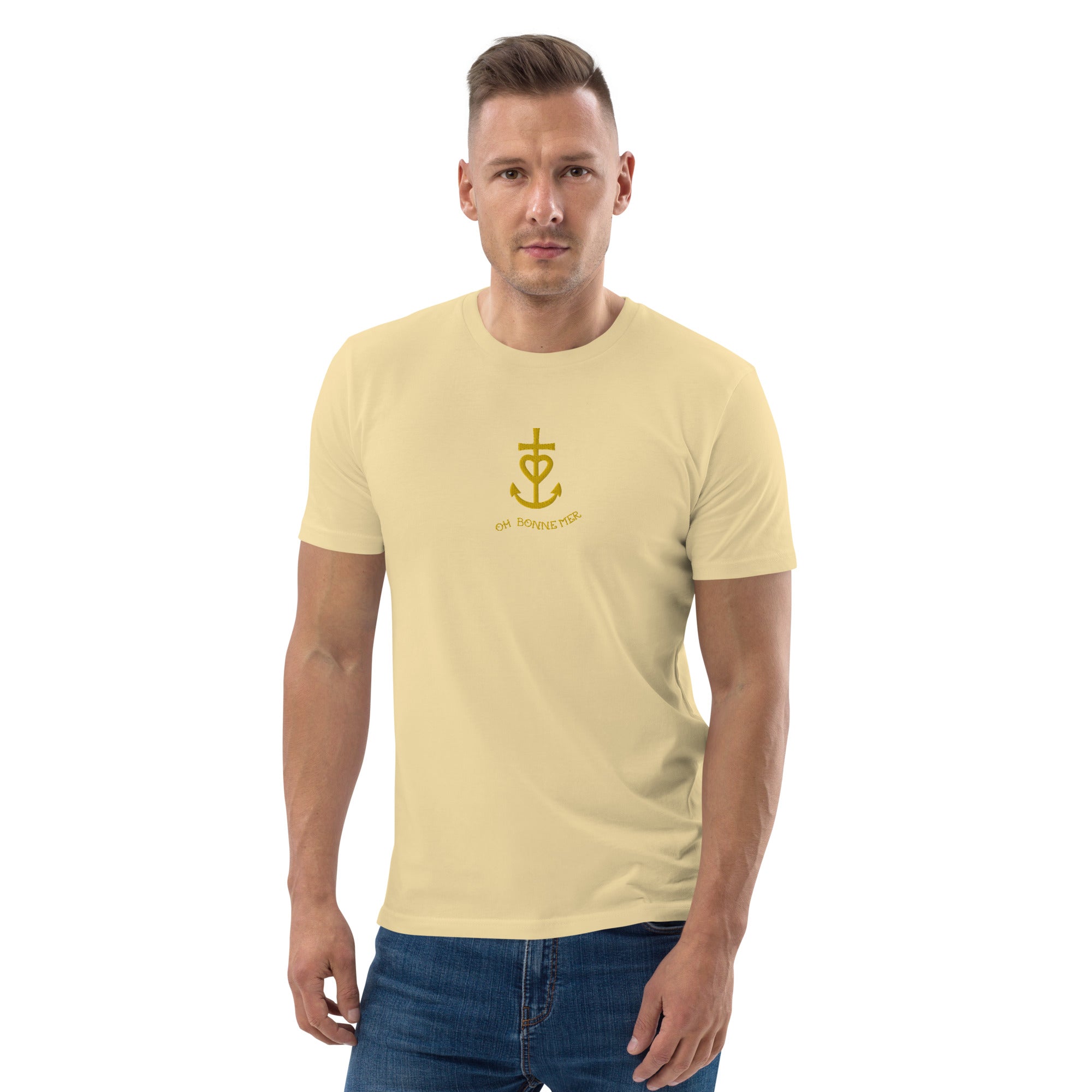 T-shirt unisexe en coton biologique Croix de Camargue dorée Oh Bonne mer brodé sur couleurs vives
