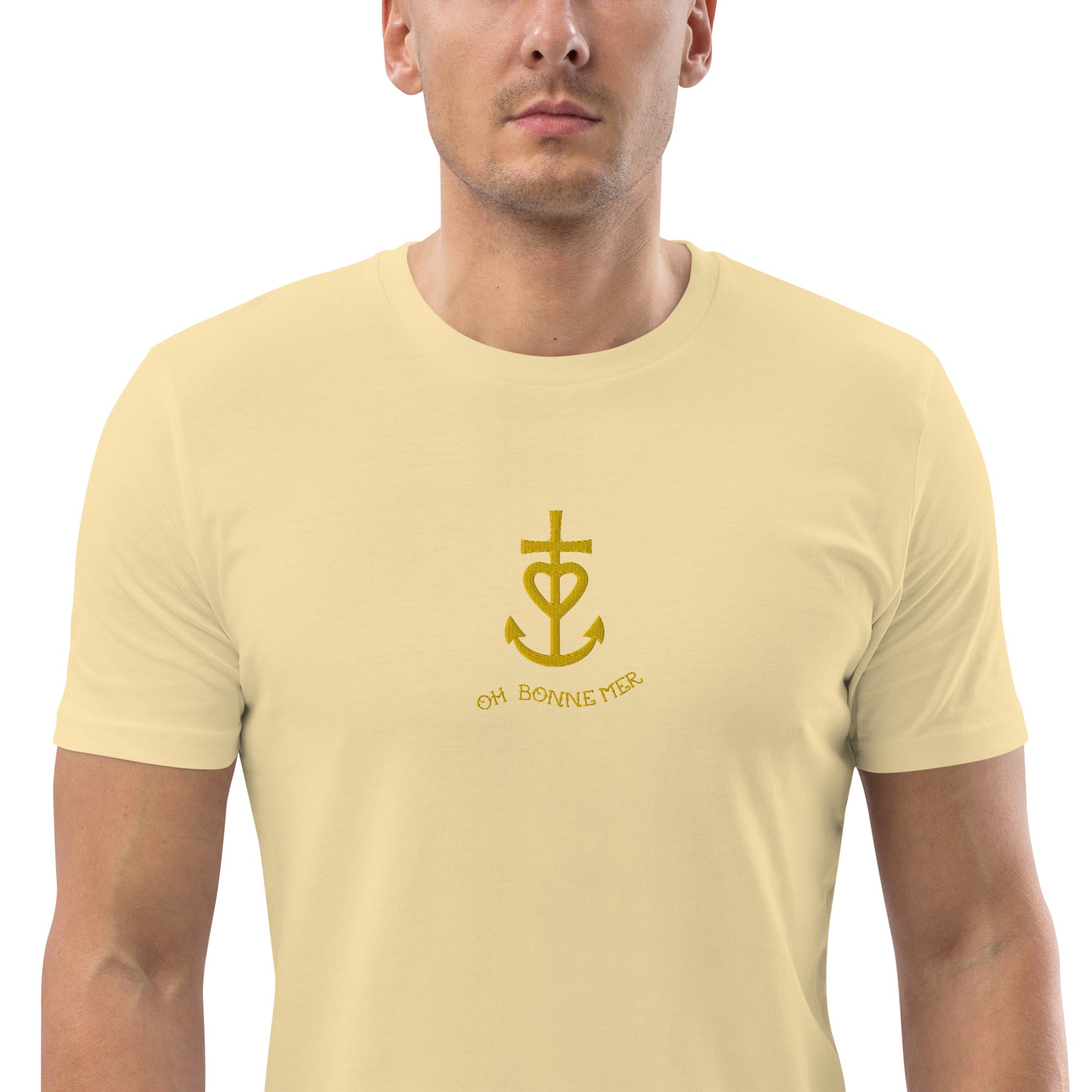 T-shirt unisexe en coton biologique Croix de Camargue dorée Oh Bonne mer brodé sur couleurs vives