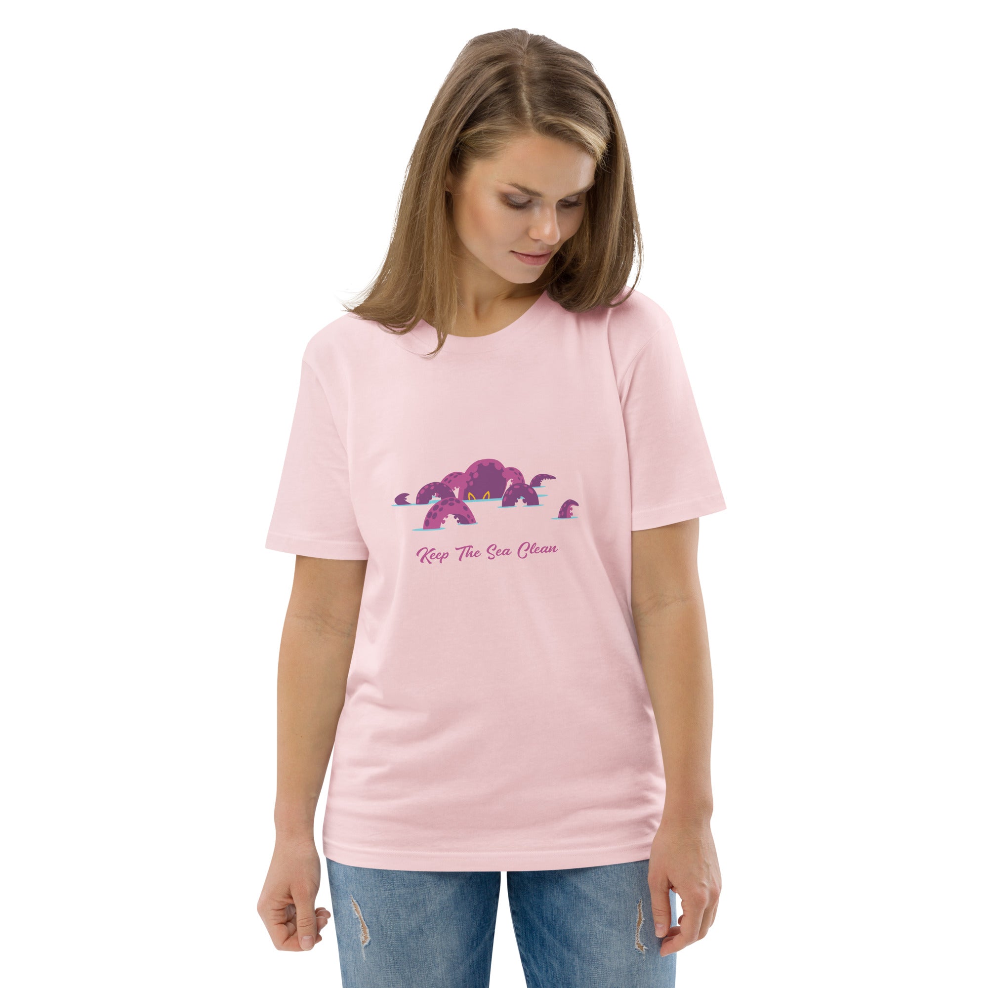 T-shirt unisexe en coton biologique Octopus Purple sur couleurs claires