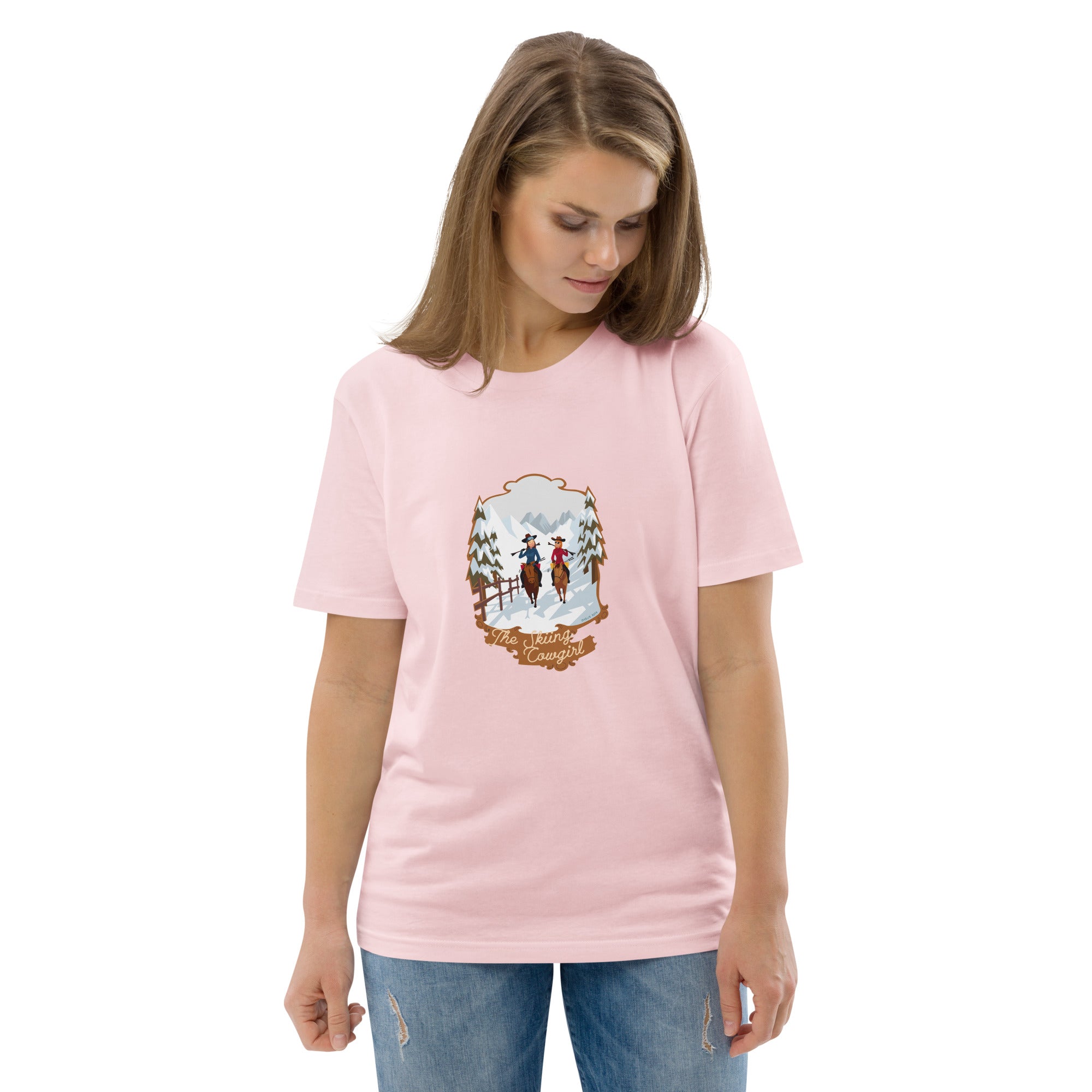 T-shirt unisexe en coton biologique The Skiing Cowgirl sur couleurs claires