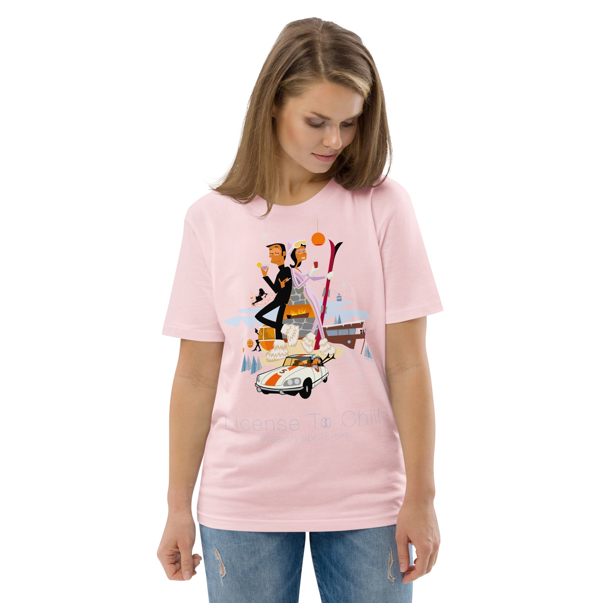 T-shirt unisexe en coton biologique License To Chill Mission Après-Ski sur couleurs claires