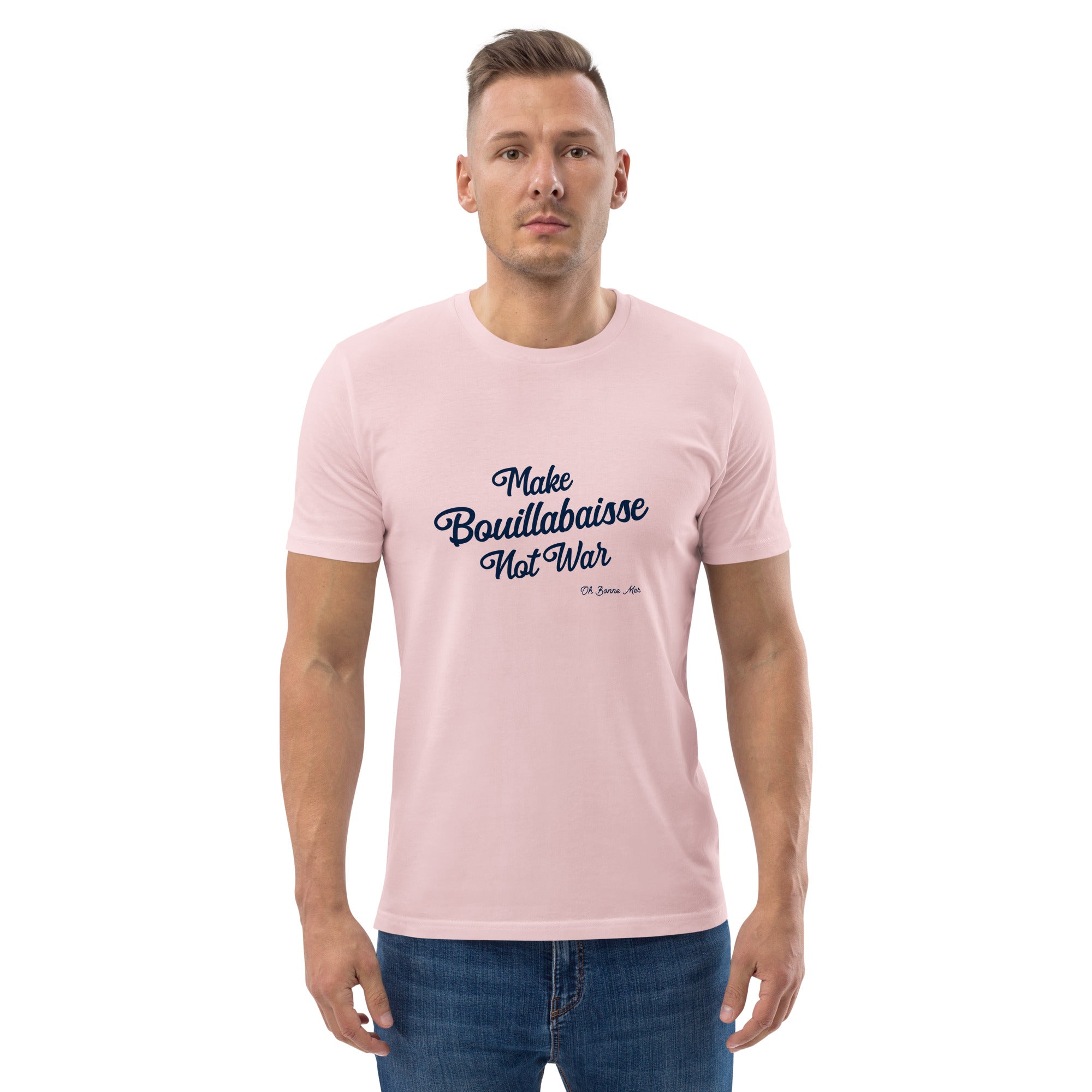 T-shirt unisexe en coton biologique Make Bouillabaisse Not War Navy sur couleurs claires