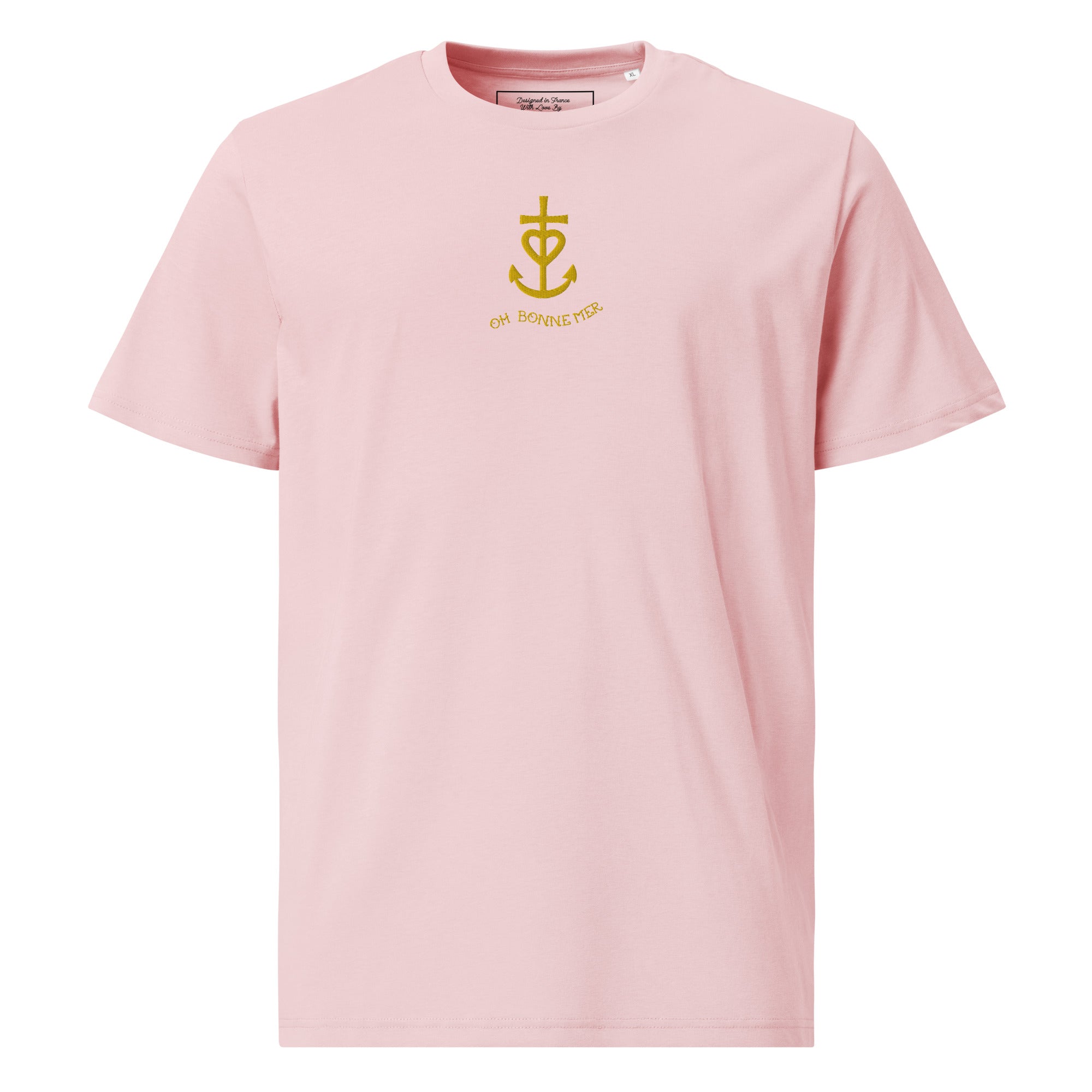 T-shirt unisexe en coton biologique Croix de Camargue dorée Oh Bonne mer brodé sur couleurs claires
