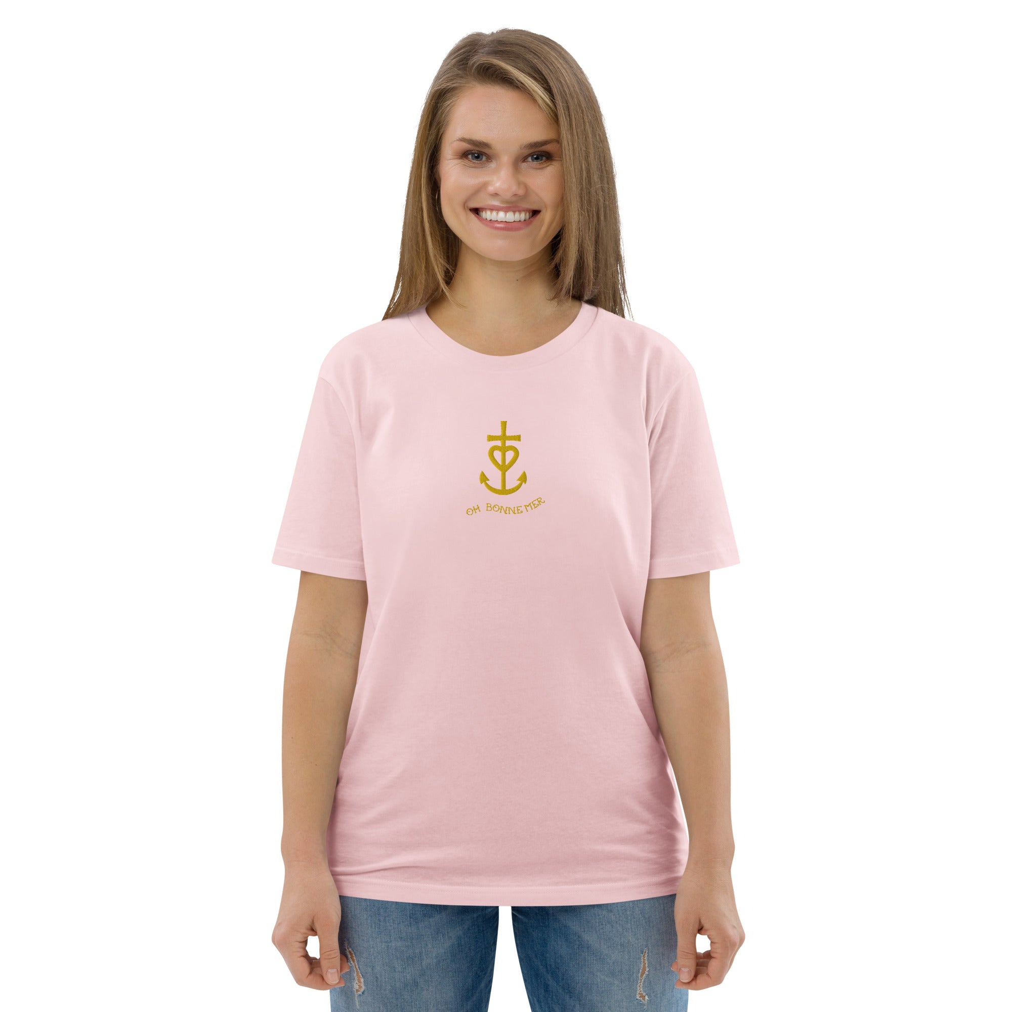 T-shirt unisexe en coton biologique Croix de Camargue dorée Oh Bonne mer brodé sur couleurs claires