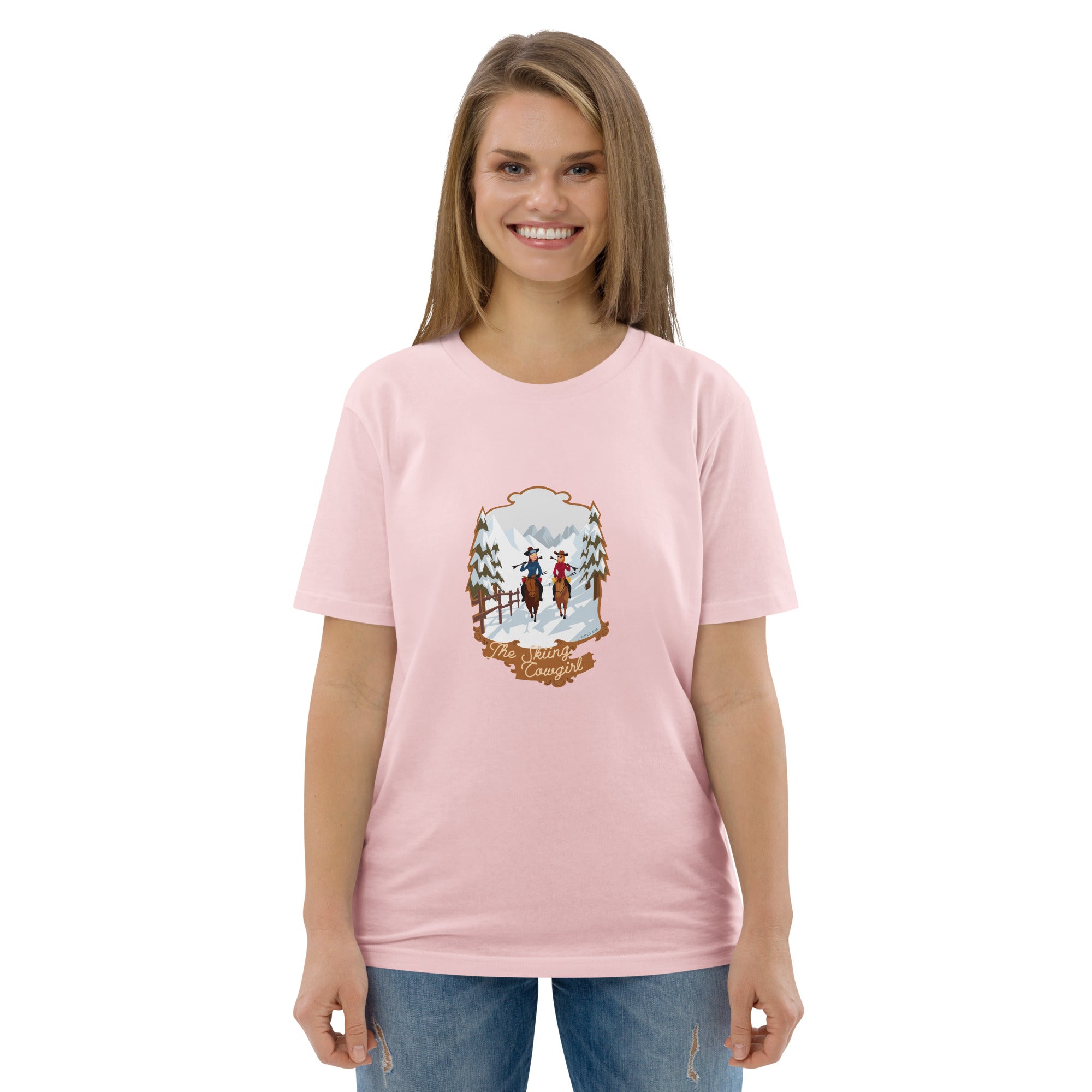 T-shirt unisexe en coton biologique The Skiing Cowgirl sur couleurs claires