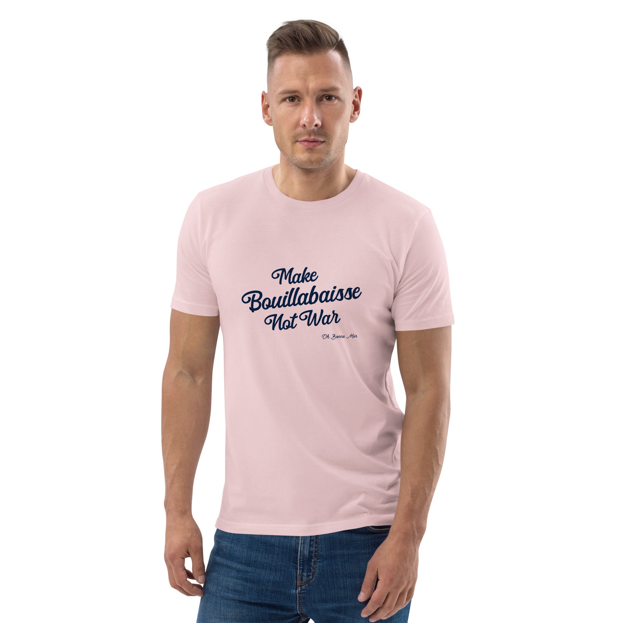 T-shirt unisexe en coton biologique Make Bouillabaisse Not War Navy sur couleurs claires