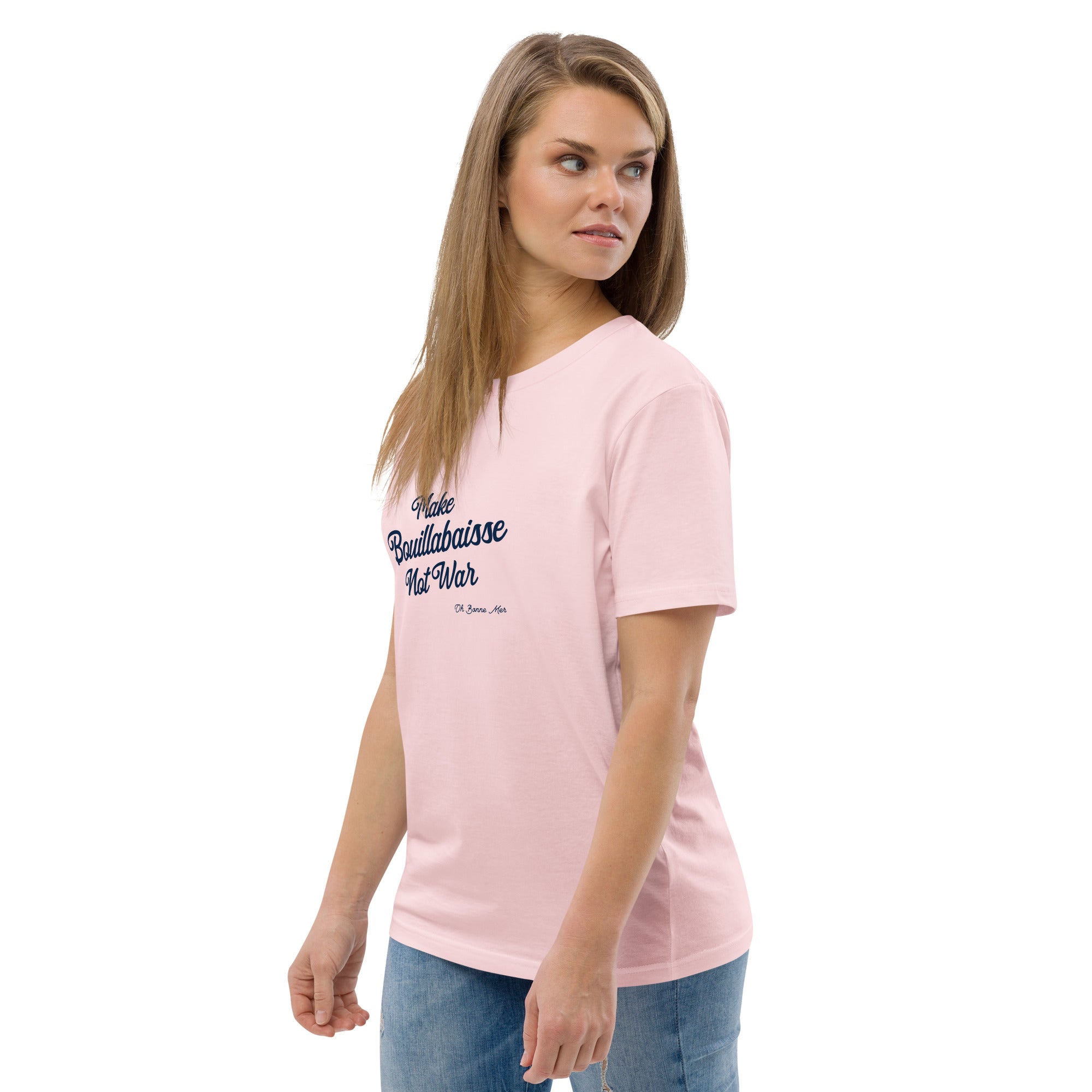 T-shirt unisexe en coton biologique Make Bouillabaisse Not War Navy sur couleurs claires