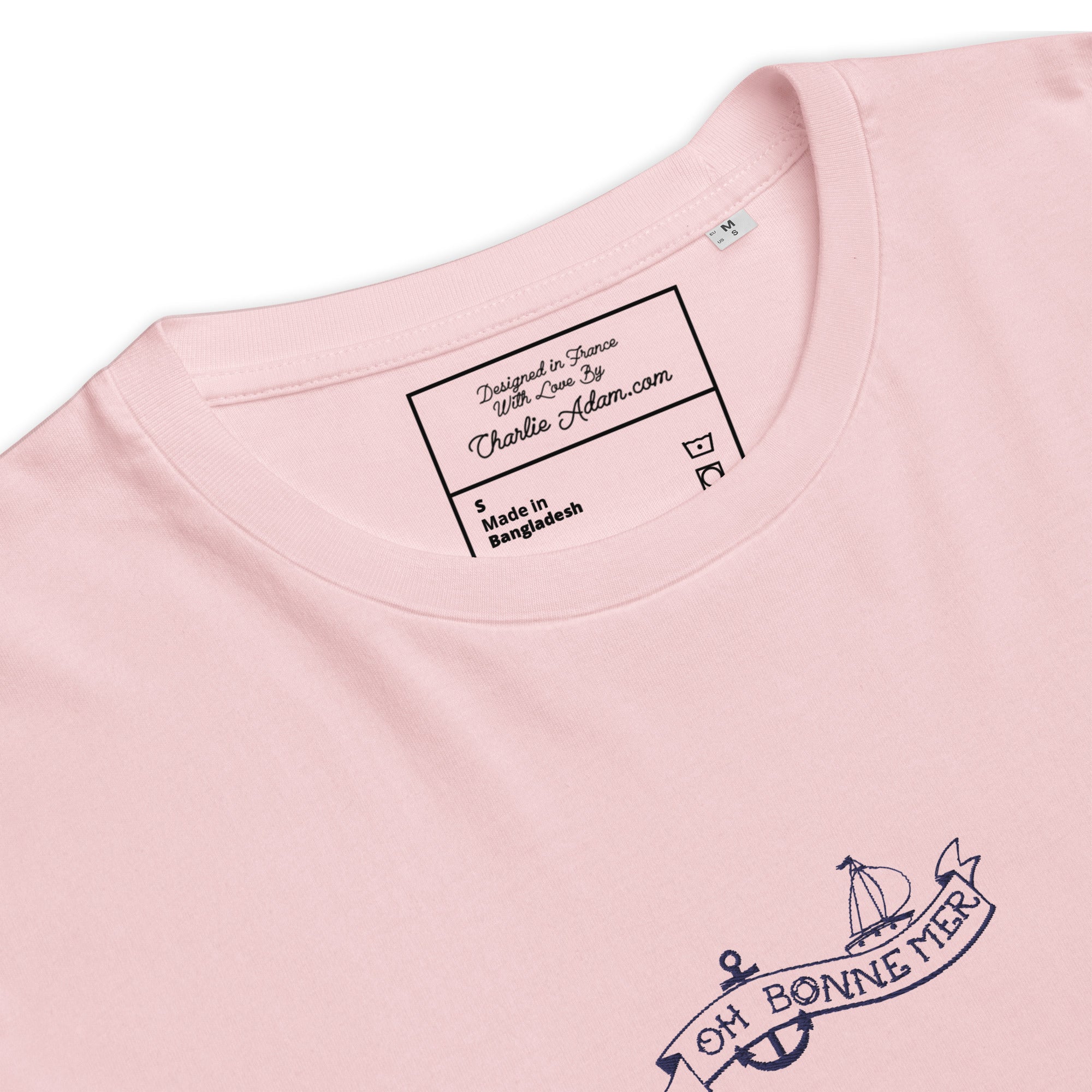 T-shirt unisexe en coton biologique Oh Bonne Mer Tattoo navy brodé sur couleurs claires