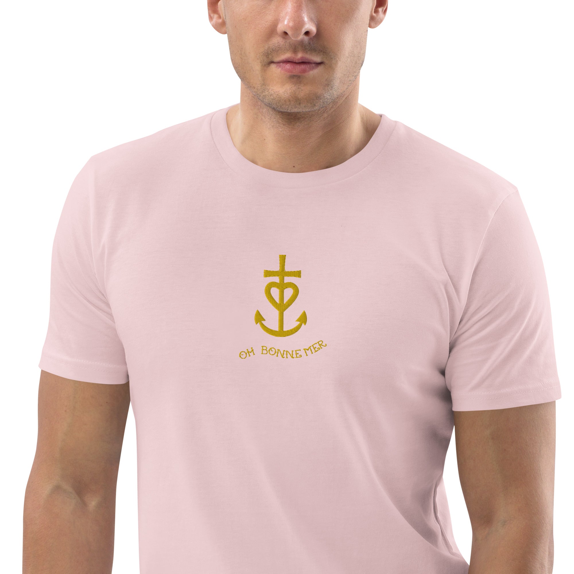 T-shirt unisexe en coton biologique Croix de Camargue dorée Oh Bonne mer brodé sur couleurs claires