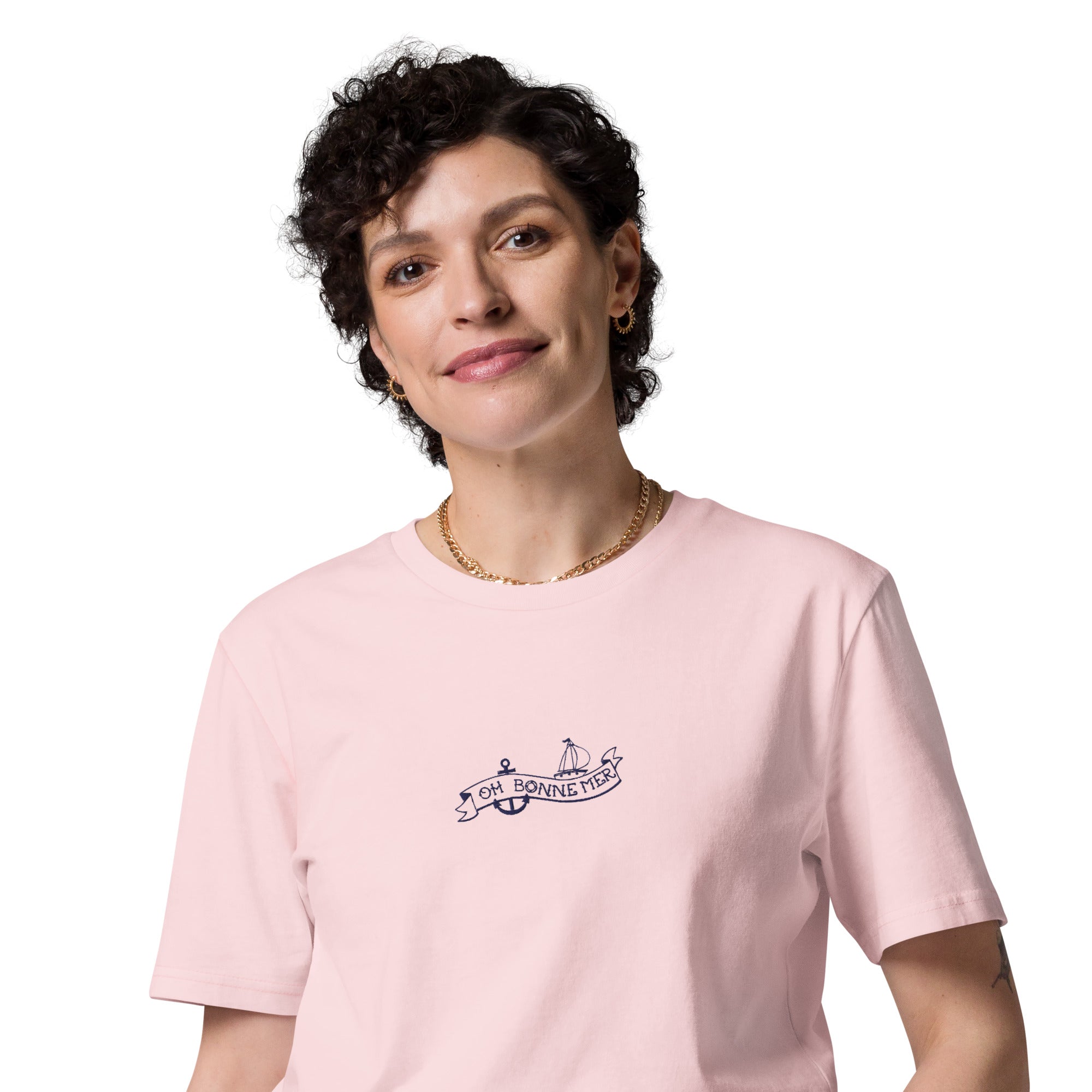 T-shirt unisexe en coton biologique Oh Bonne Mer Tattoo navy brodé sur couleurs claires