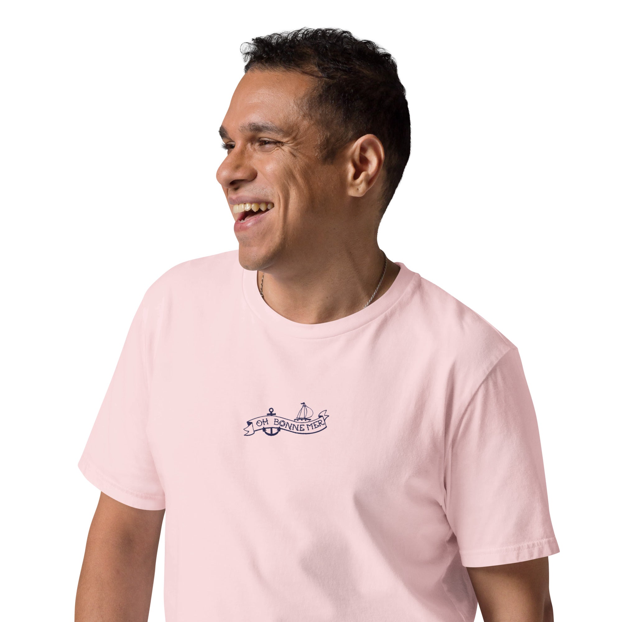 T-shirt unisexe en coton biologique Oh Bonne Mer Tattoo navy brodé sur couleurs claires