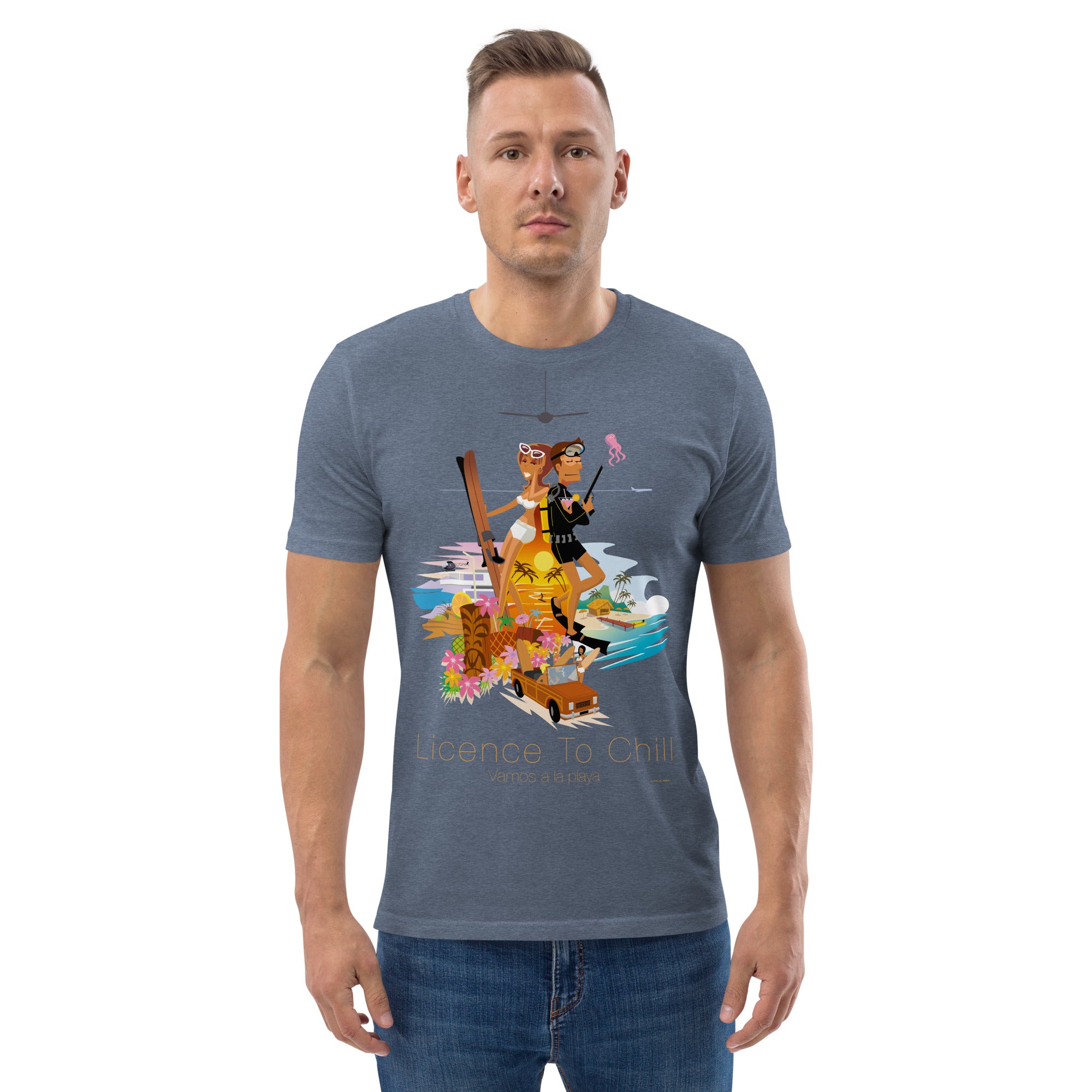 Unisex organic cotton t-shirt License To Chill Vamos a la Playa on dark colors