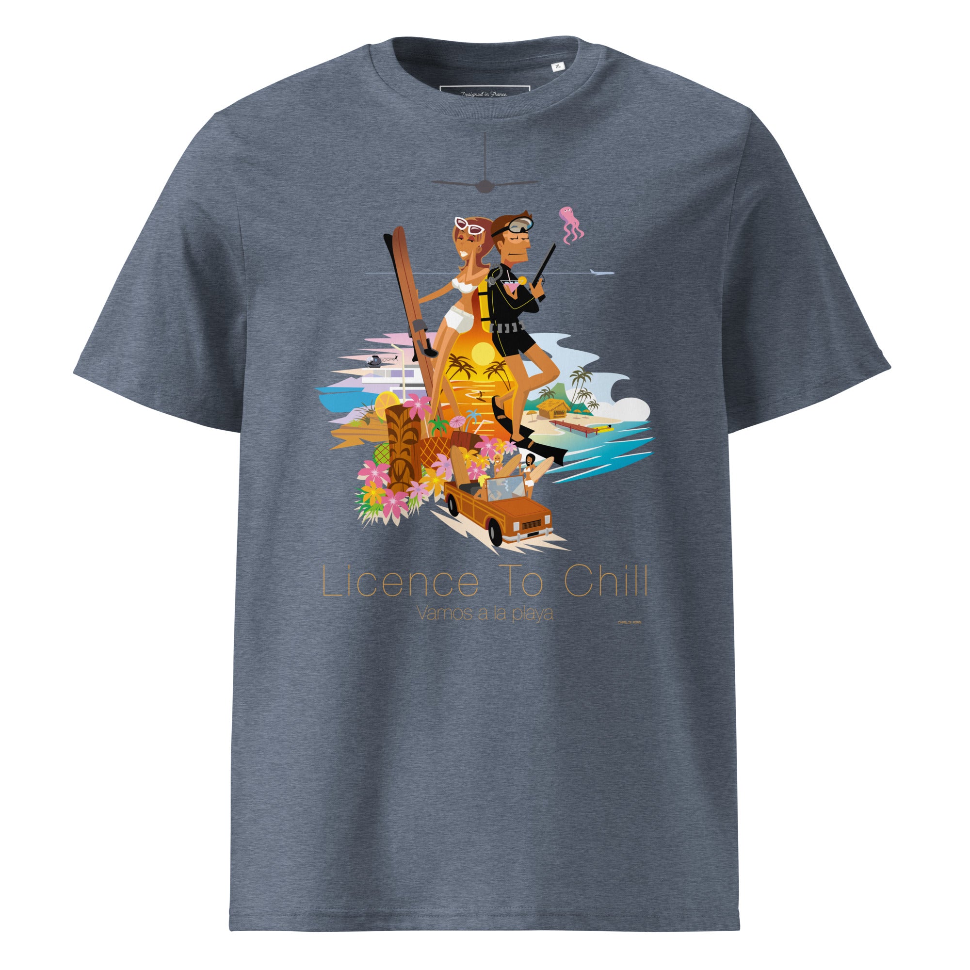 Unisex organic cotton t-shirt License To Chill Vamos a la Playa on dark colors