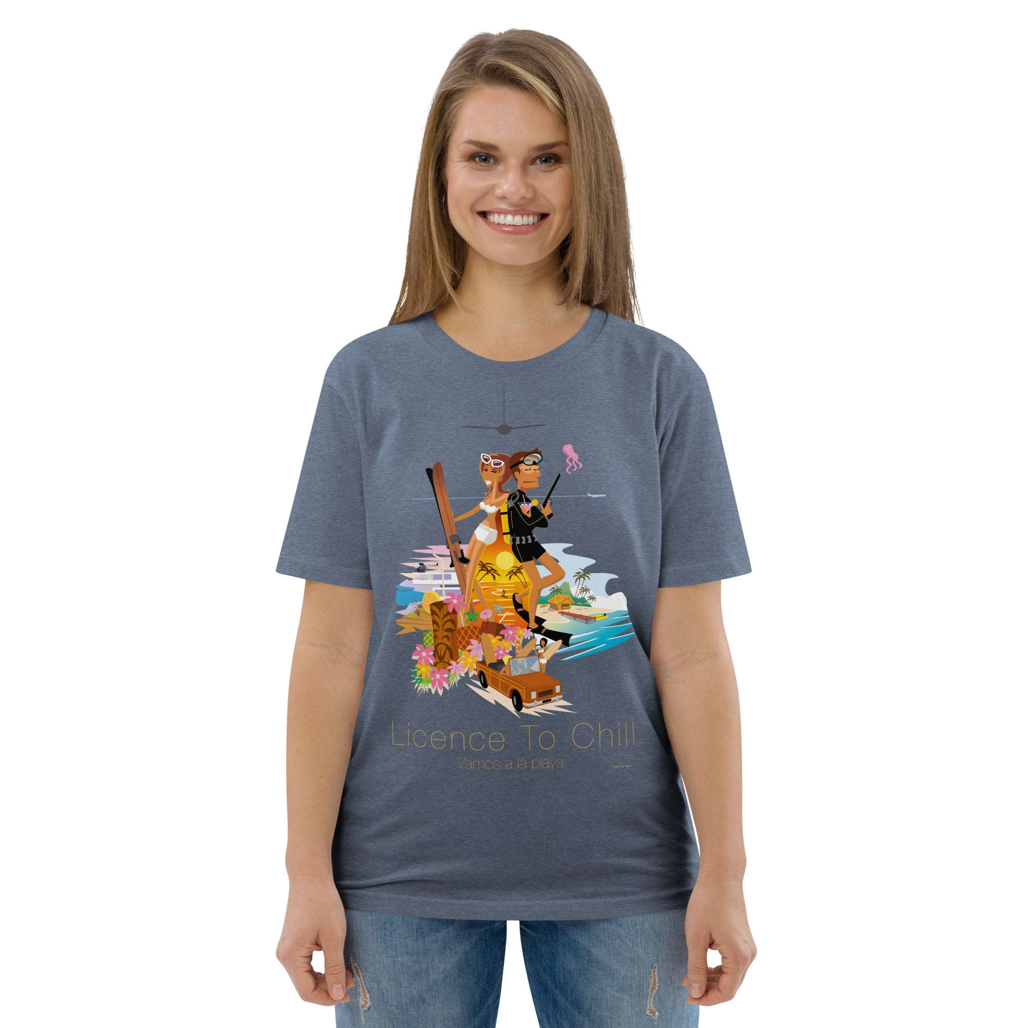 Unisex organic cotton t-shirt License To Chill Vamos a la Playa on dark colors