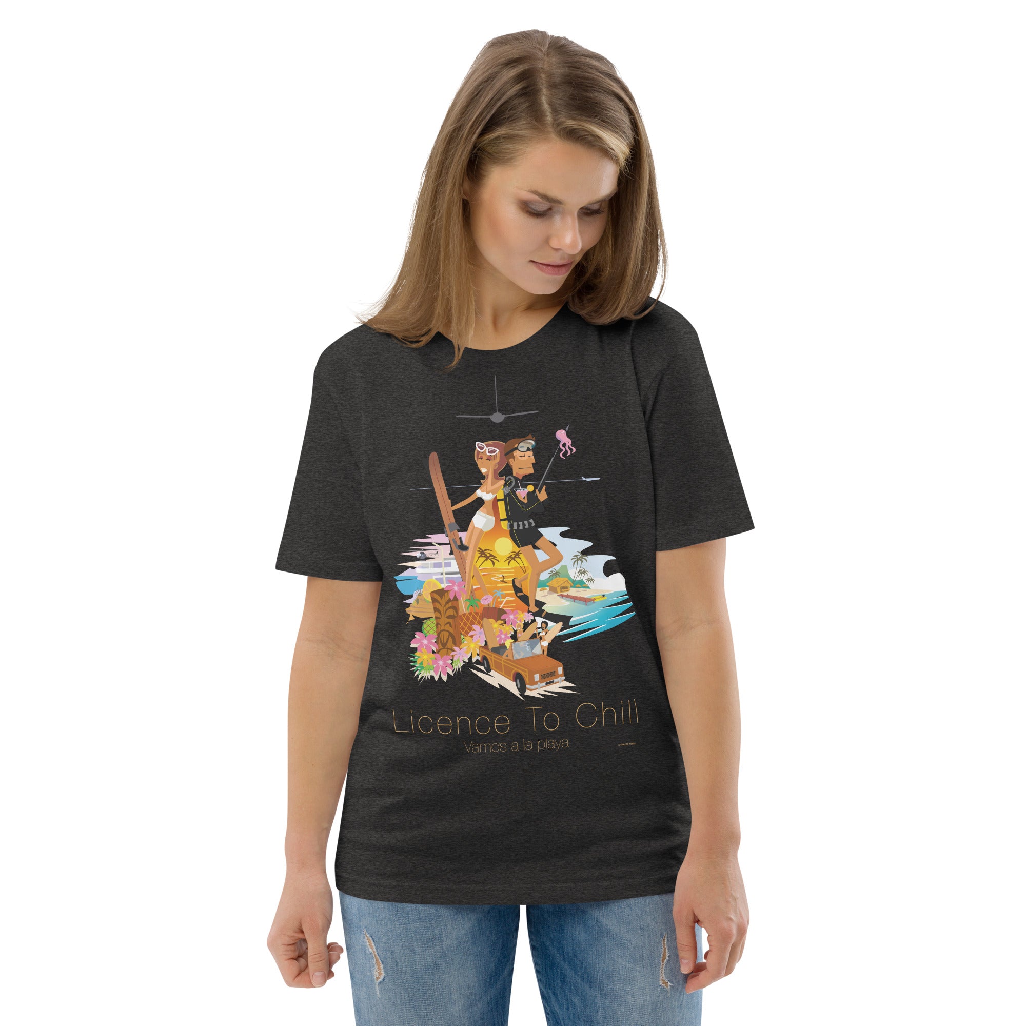 Unisex organic cotton t-shirt License To Chill Vamos a la Playa on dark colors