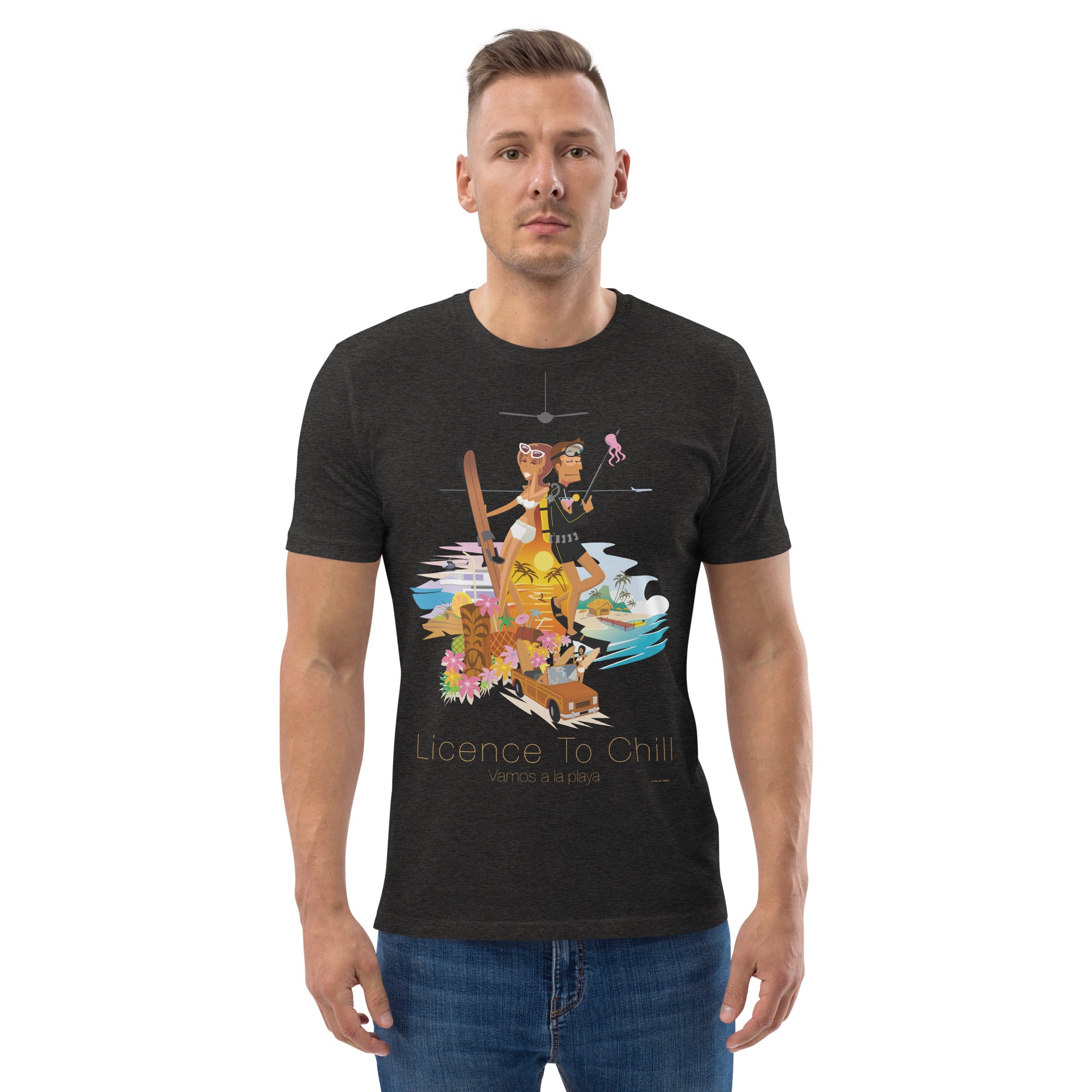 Unisex organic cotton t-shirt License To Chill Vamos a la Playa on dark colors