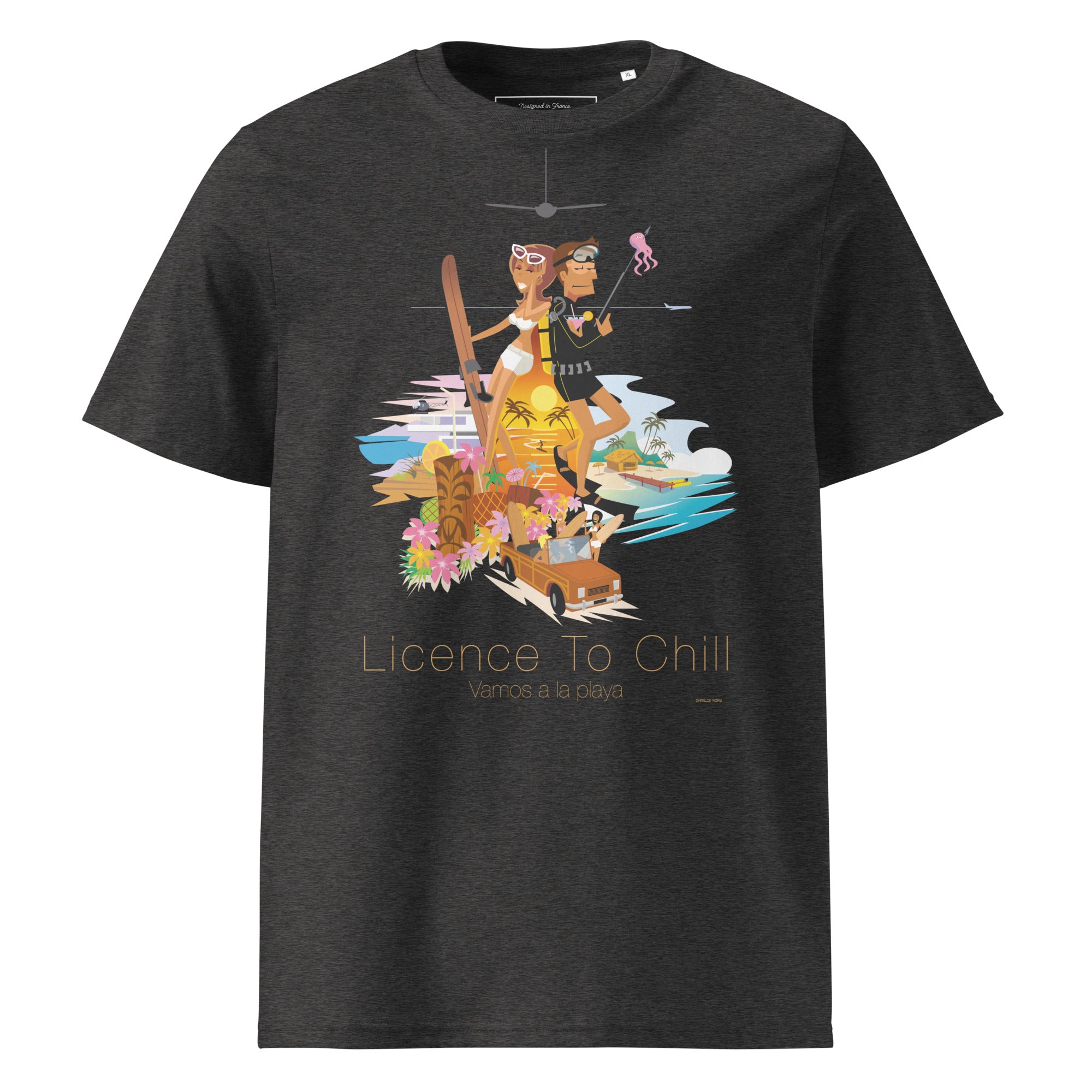 Unisex organic cotton t-shirt License To Chill Vamos a la Playa on dark colors