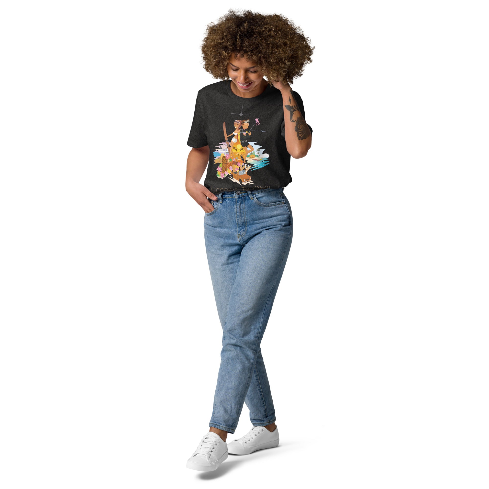 Unisex organic cotton t-shirt License To Chill Vamos a la Playa on dark colors