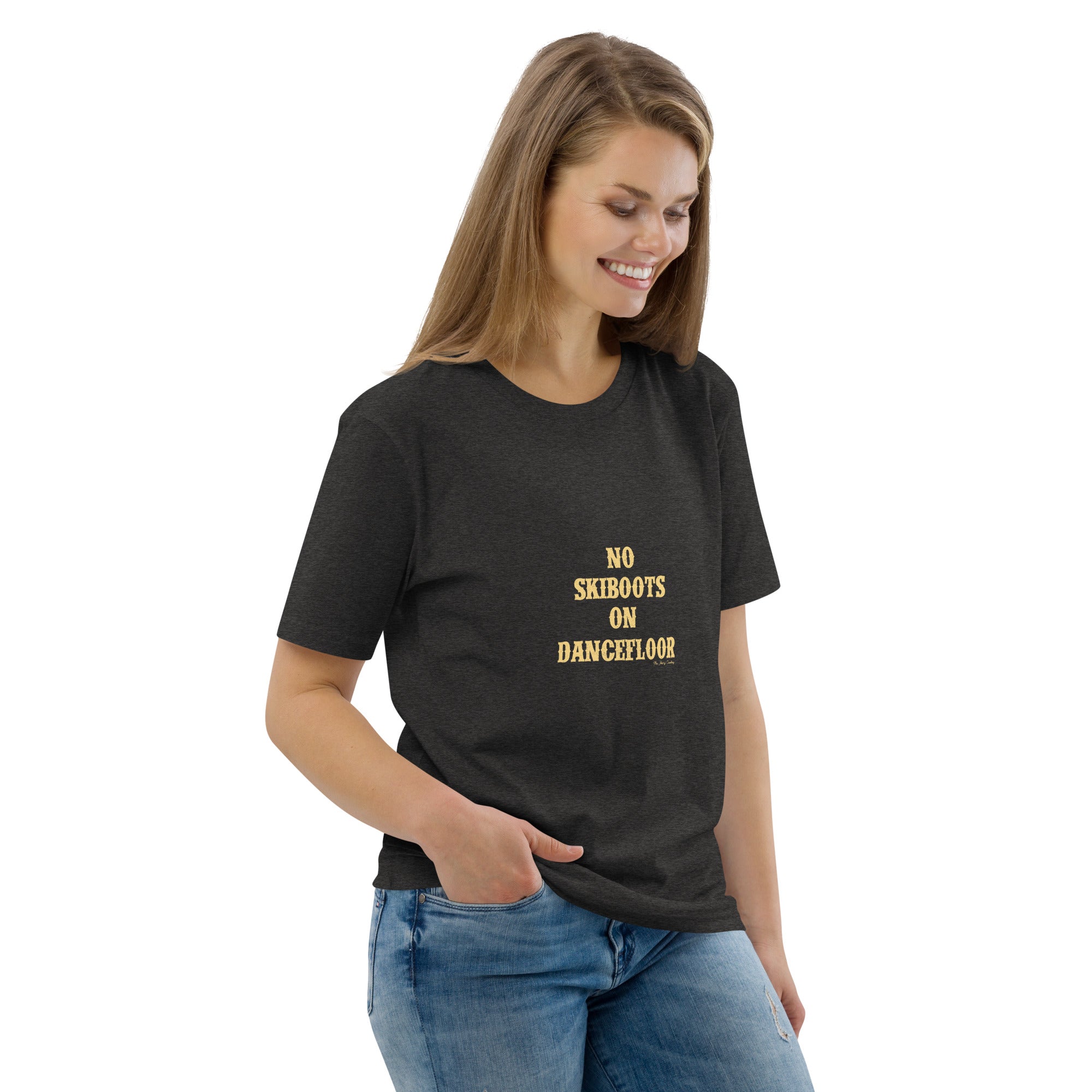 T-shirt unisexe en coton biologique No Skiboots on Dancefloor texte clair