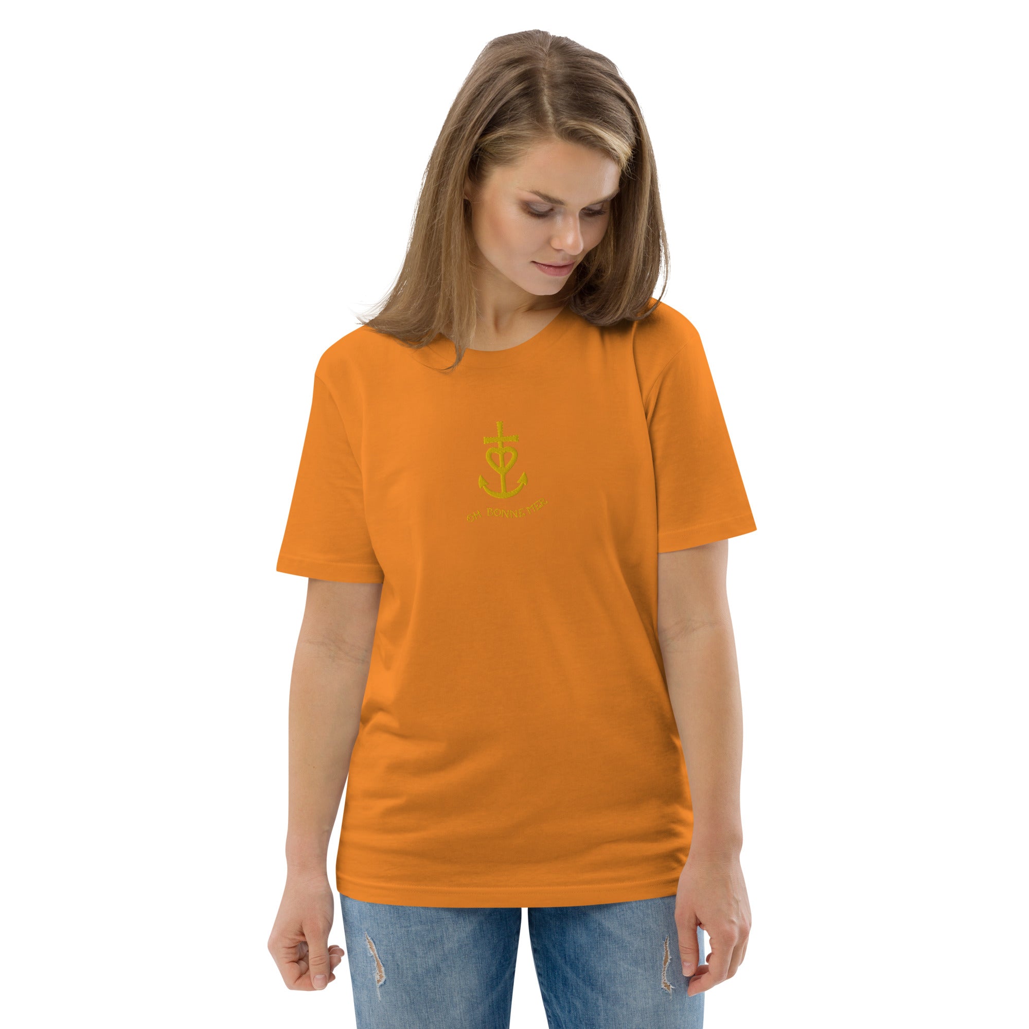 T-shirt unisexe en coton biologique Croix de Camargue dorée Oh Bonne mer brodé sur couleurs vives
