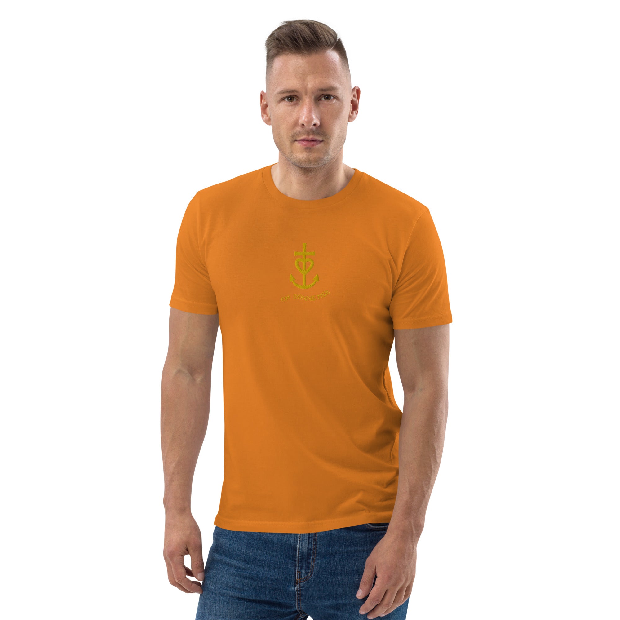 T-shirt unisexe en coton biologique Croix de Camargue dorée Oh Bonne mer brodé sur couleurs vives