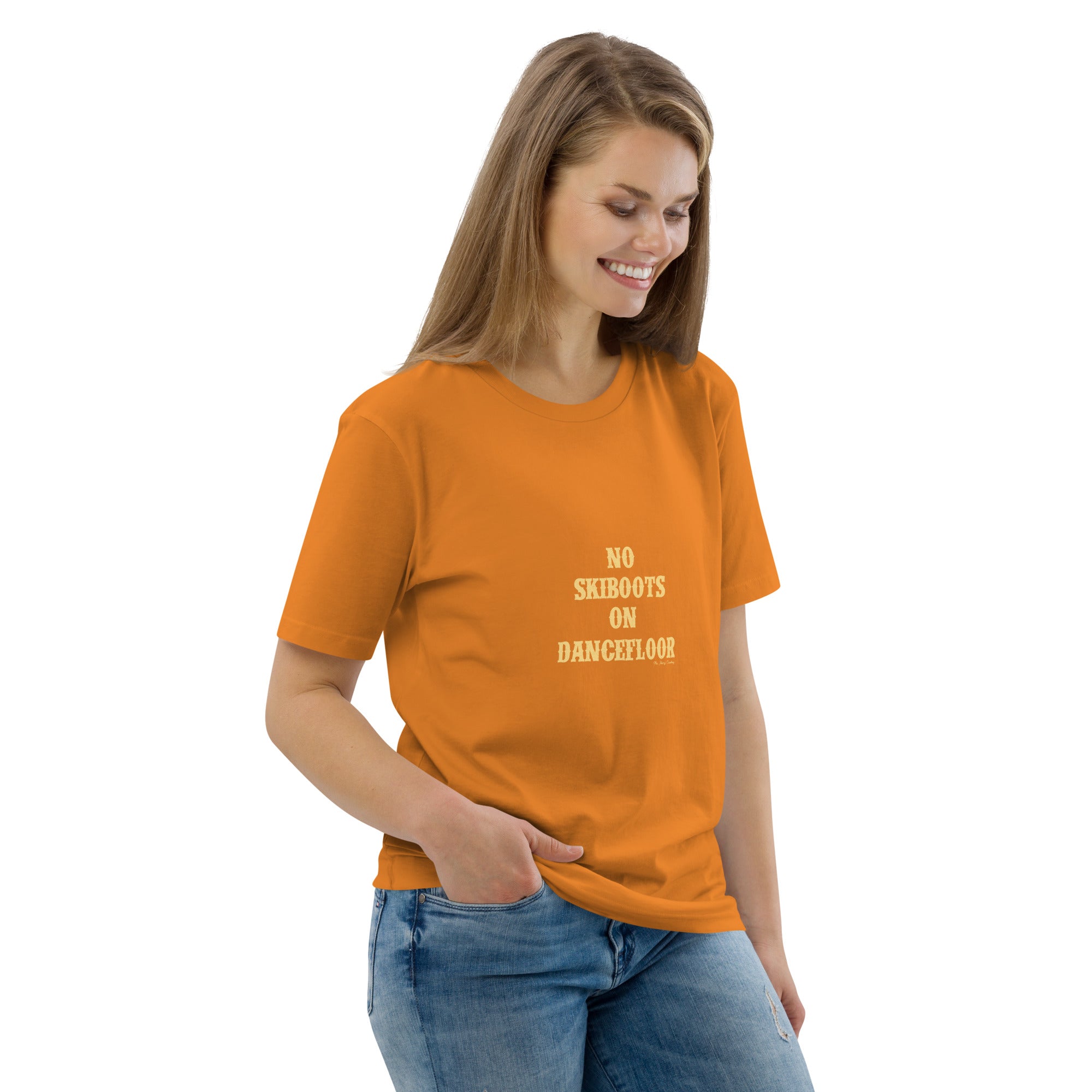 T-shirt unisexe en coton biologique No Skiboots on Dancefloor texte clair