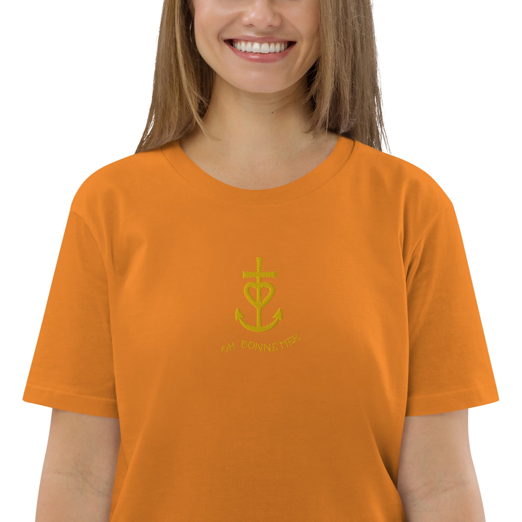 T-shirt unisexe en coton biologique Croix de Camargue dorée Oh Bonne mer brodé sur couleurs vives