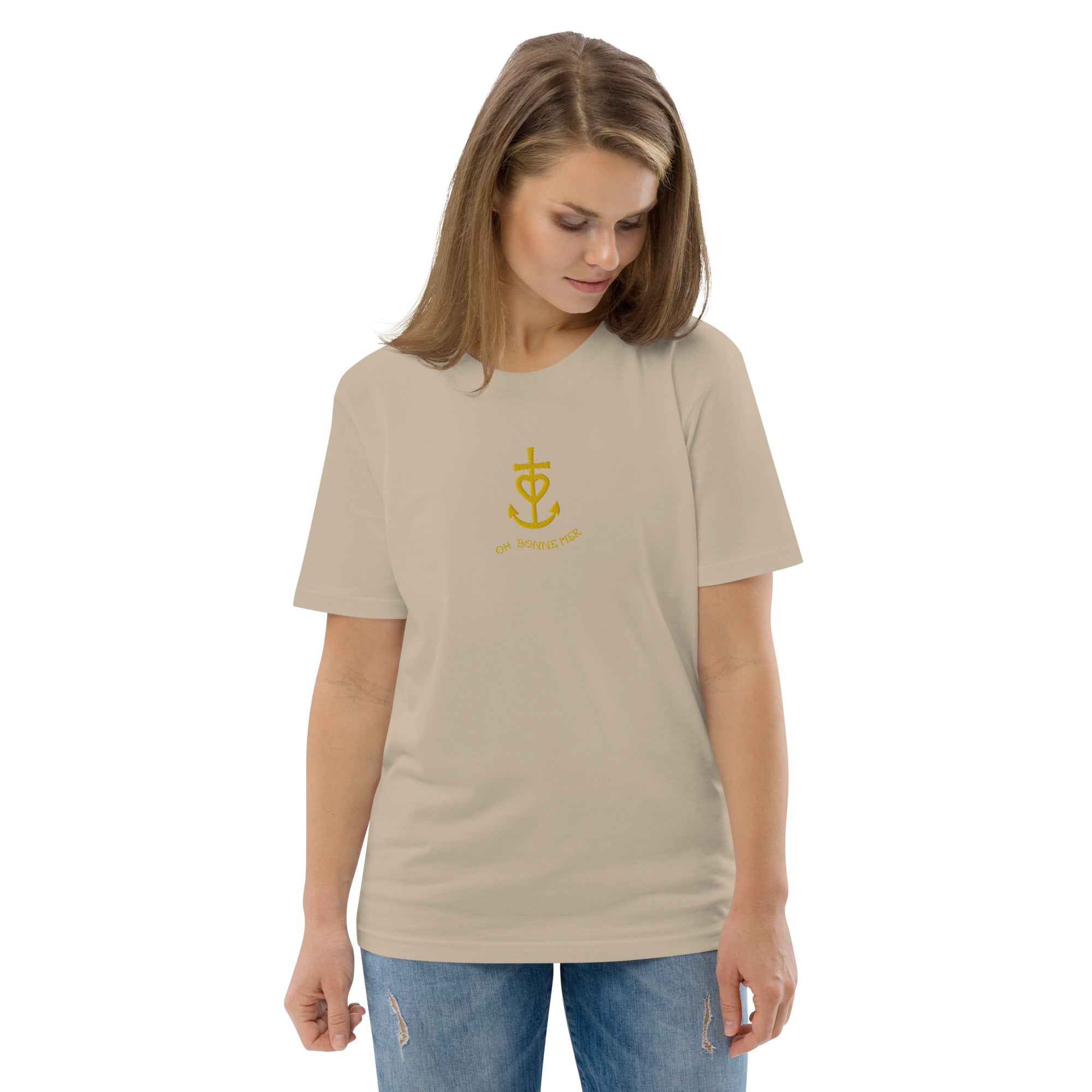 T-shirt unisexe en coton biologique Croix de Camargue dorée Oh Bonne mer brodé sur couleurs claires