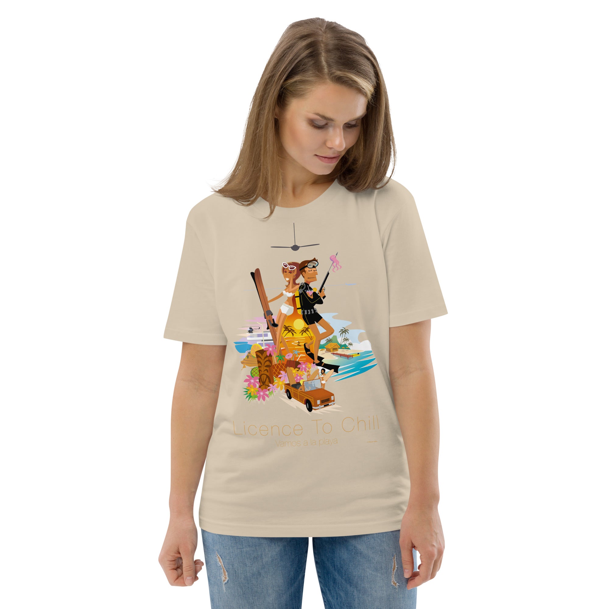 Unisex organic cotton t-shirt License To Chill Vamos a la Playa on light colors