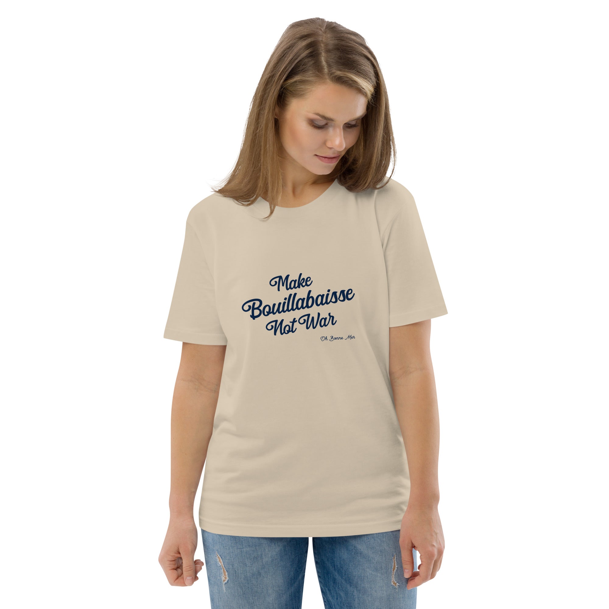 T-shirt unisexe en coton biologique Make Bouillabaisse Not War Navy sur couleurs claires