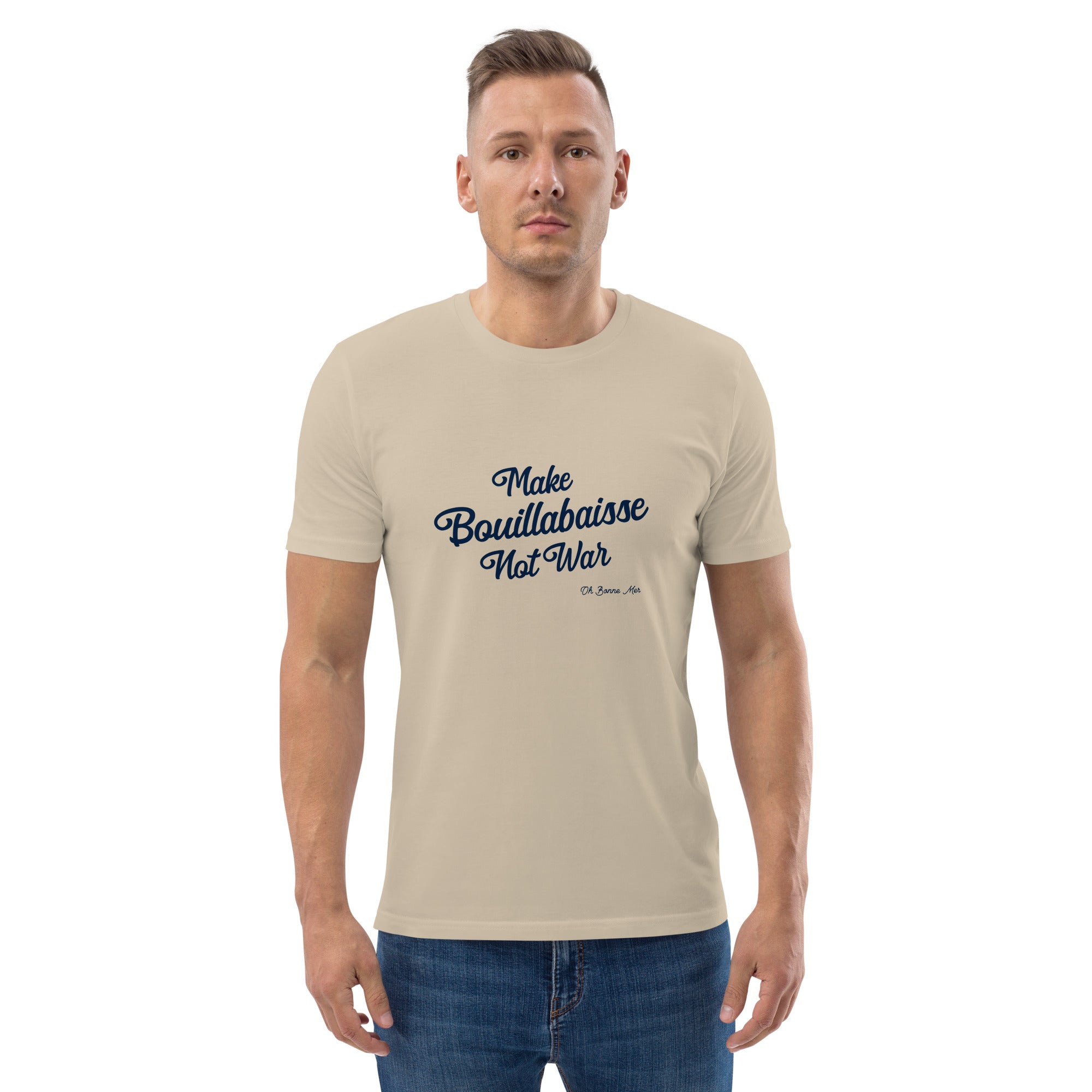 T-shirt unisexe en coton biologique Make Bouillabaisse Not War Navy sur couleurs claires