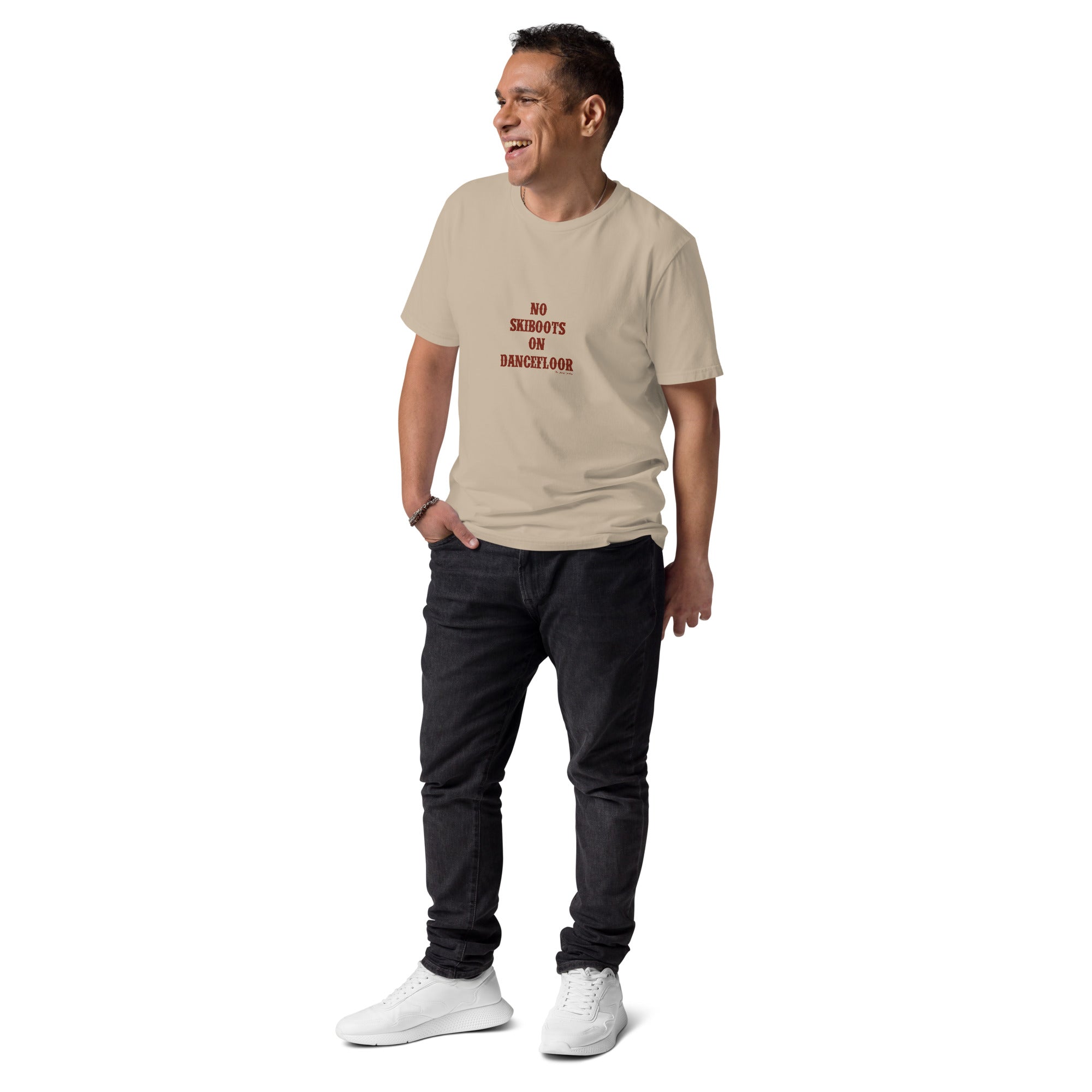 T-shirt unisexe en coton biologique No Skiboots on Dancefloor texte foncé
