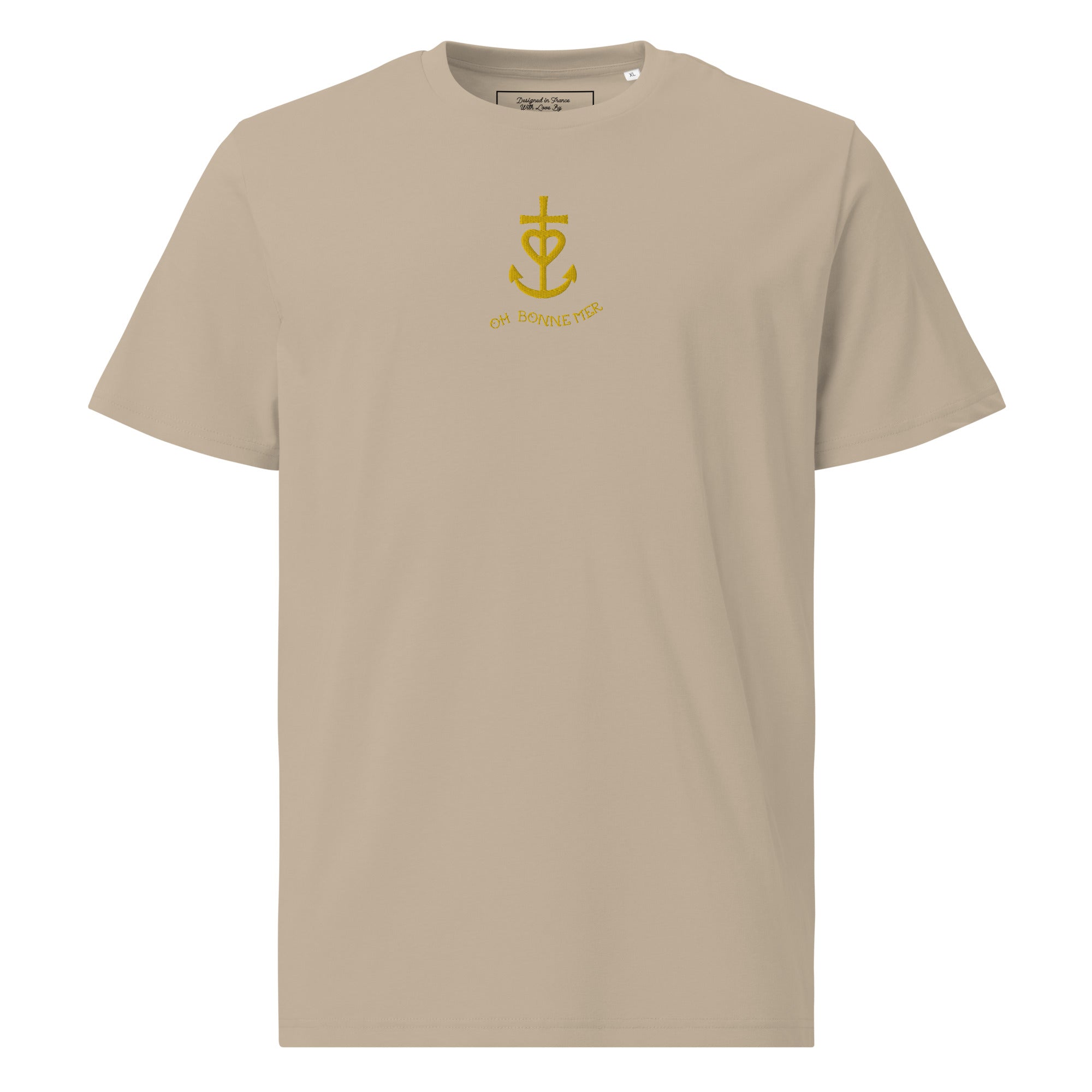 T-shirt unisexe en coton biologique Croix de Camargue dorée Oh Bonne mer brodé sur couleurs claires