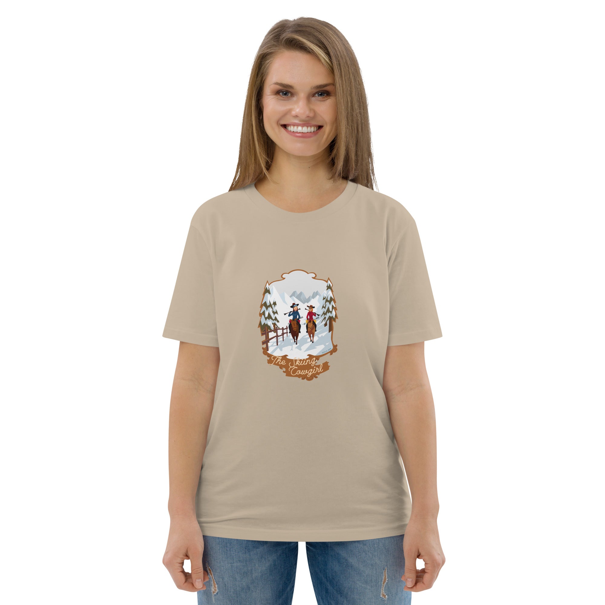 T-shirt unisexe en coton biologique The Skiing Cowgirl sur couleurs claires