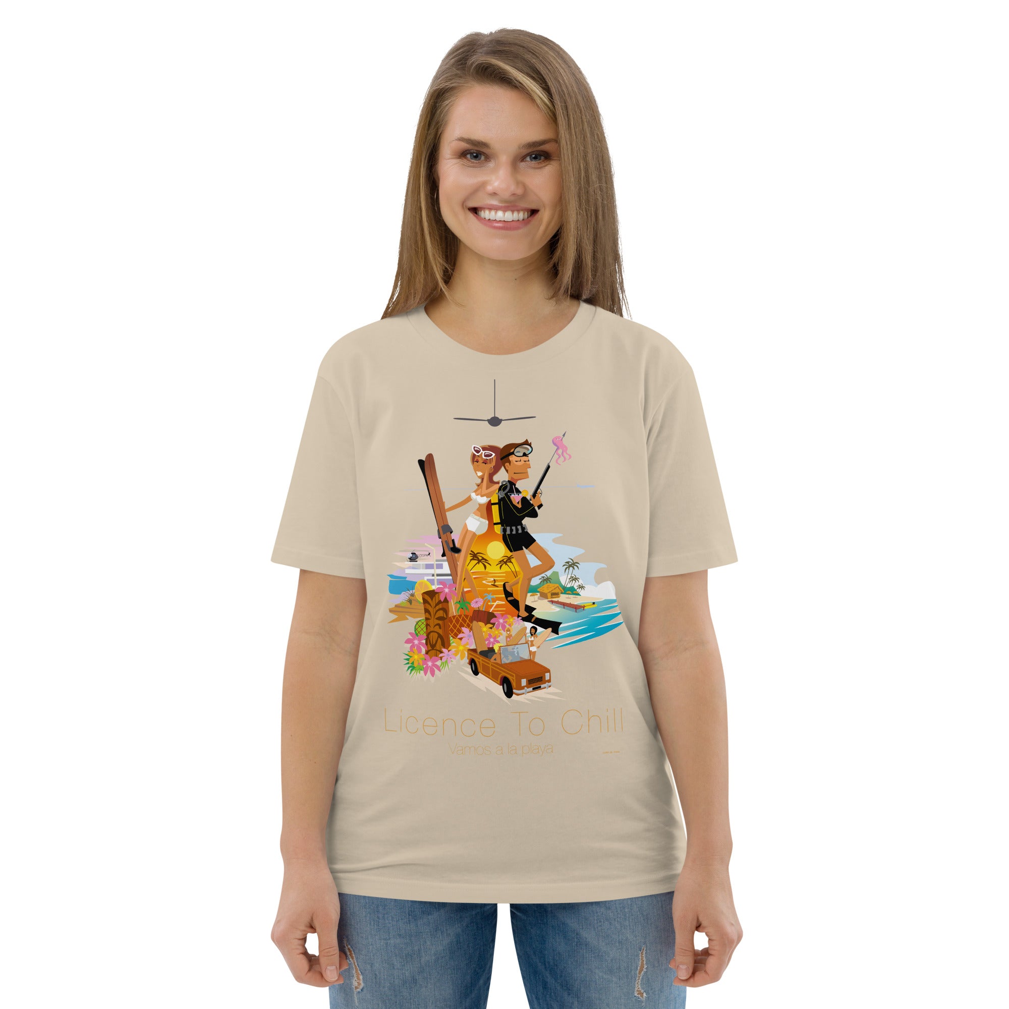 Unisex organic cotton t-shirt License To Chill Vamos a la Playa on light colors