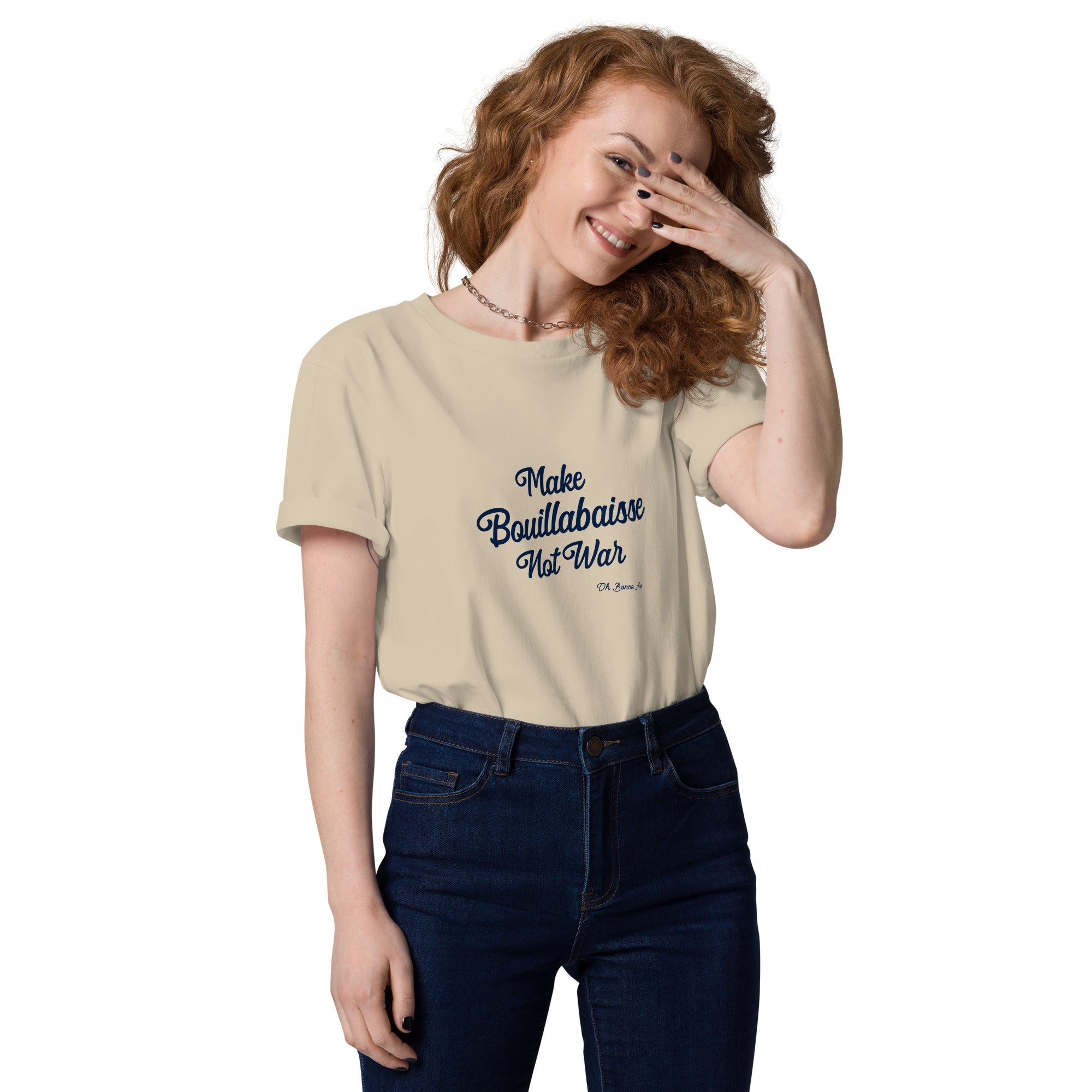 T-shirt unisexe en coton biologique Make Bouillabaisse Not War Navy sur couleurs claires