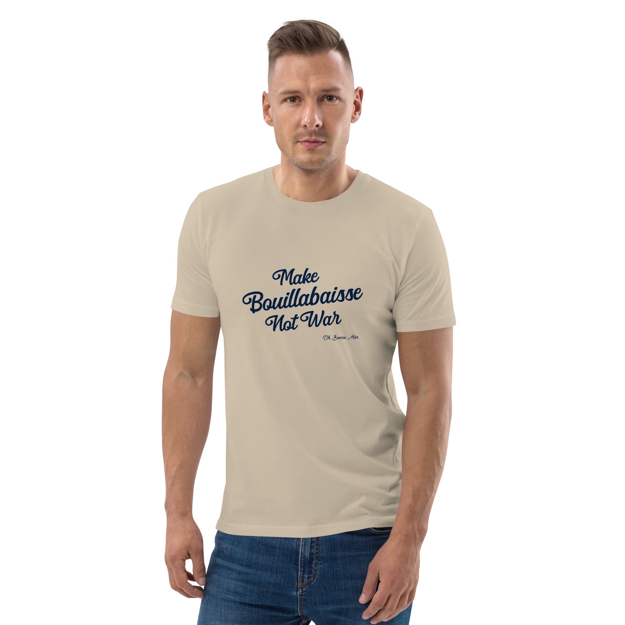 T-shirt unisexe en coton biologique Make Bouillabaisse Not War Navy sur couleurs claires