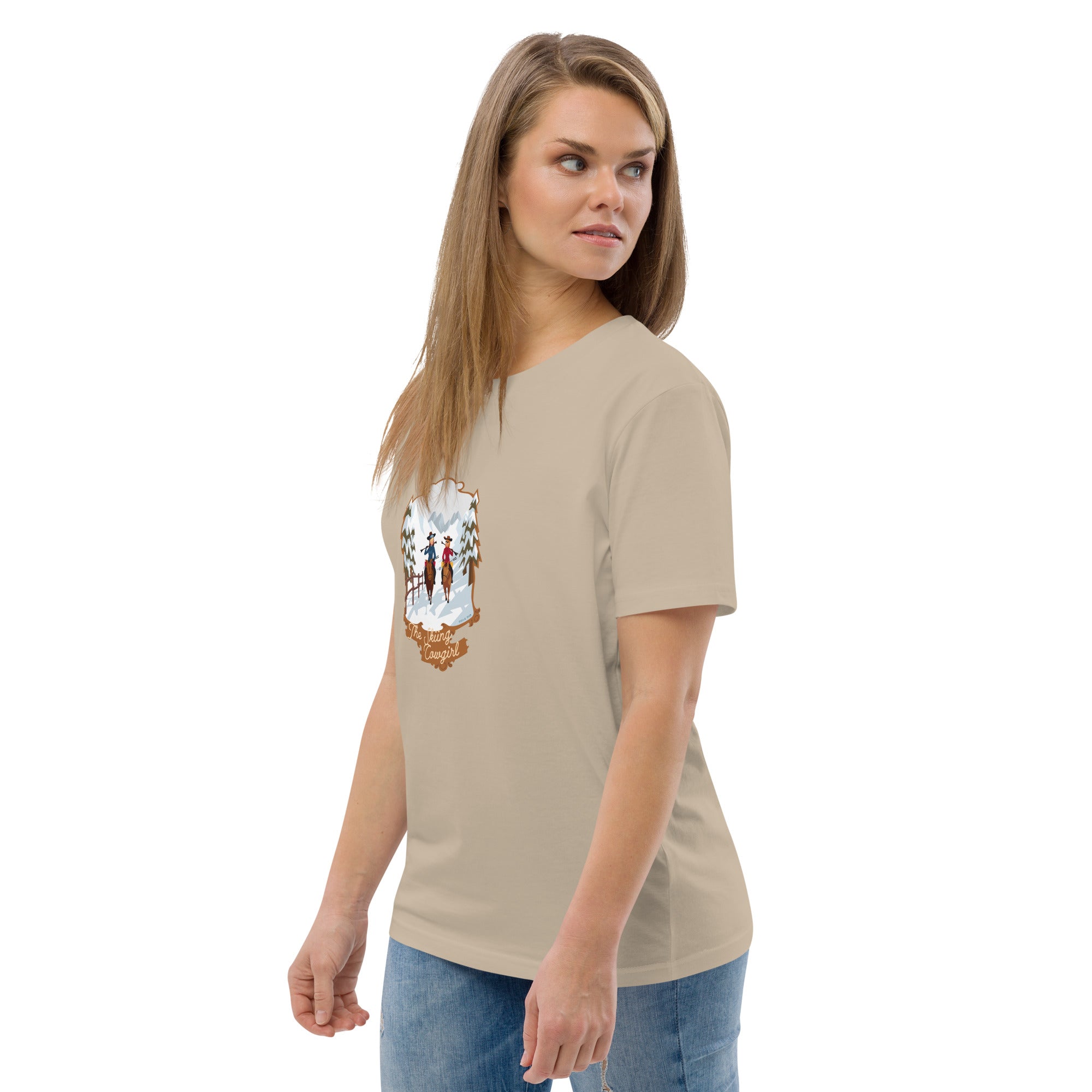 T-shirt unisexe en coton biologique The Skiing Cowgirl sur couleurs claires