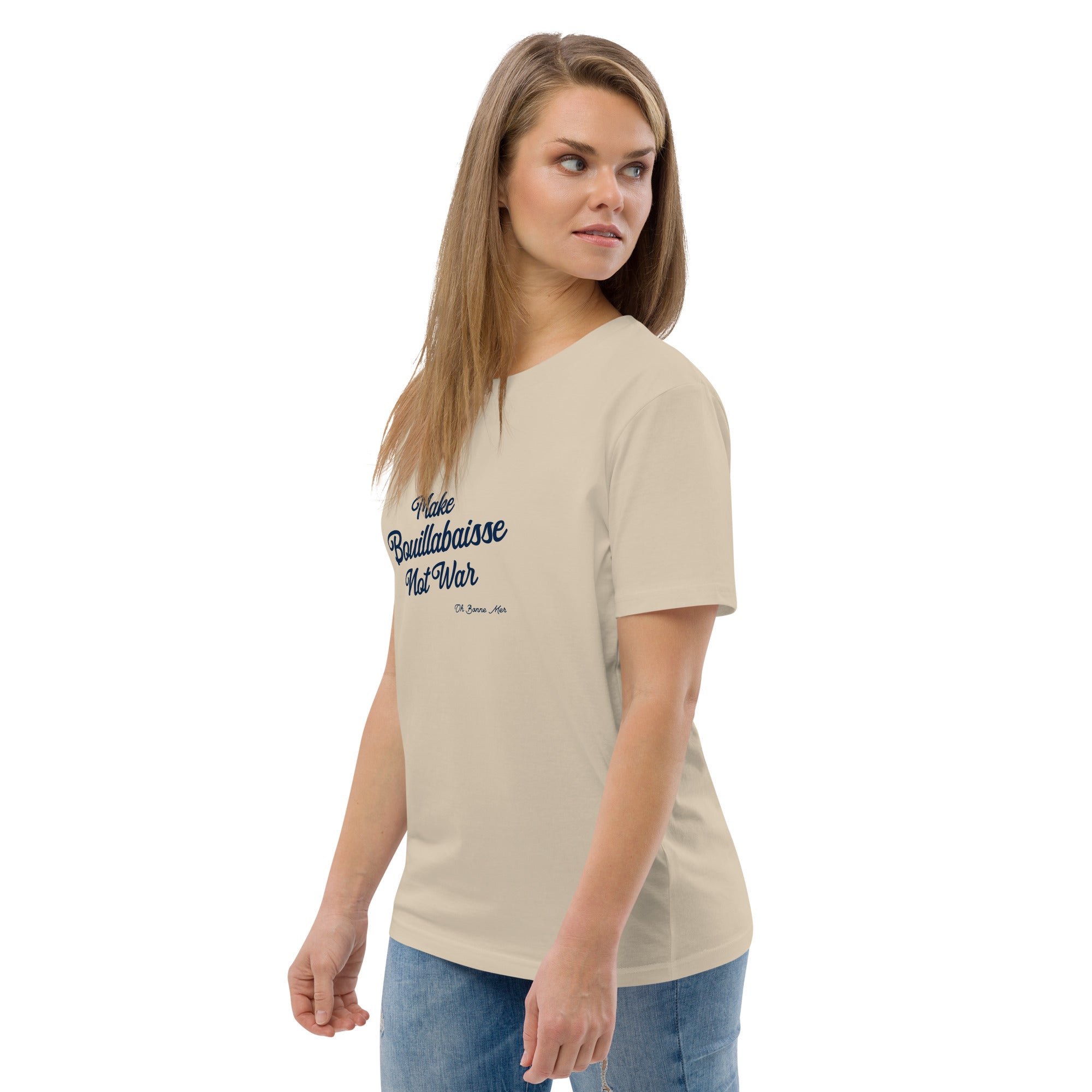 T-shirt unisexe en coton biologique Make Bouillabaisse Not War Navy sur couleurs claires